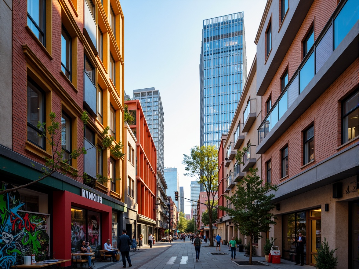 Prompt: Vibrant cityscape, modern skyscrapers, bold color blocking, contrasting hues, dynamic visual effects, urban energy, eclectic neighborhood, artistic murals, graffiti walls, trendy cafes, bustling streets, warm golden lighting, shallow depth of field, 1/1 composition, realistic textures, ambient occlusion.