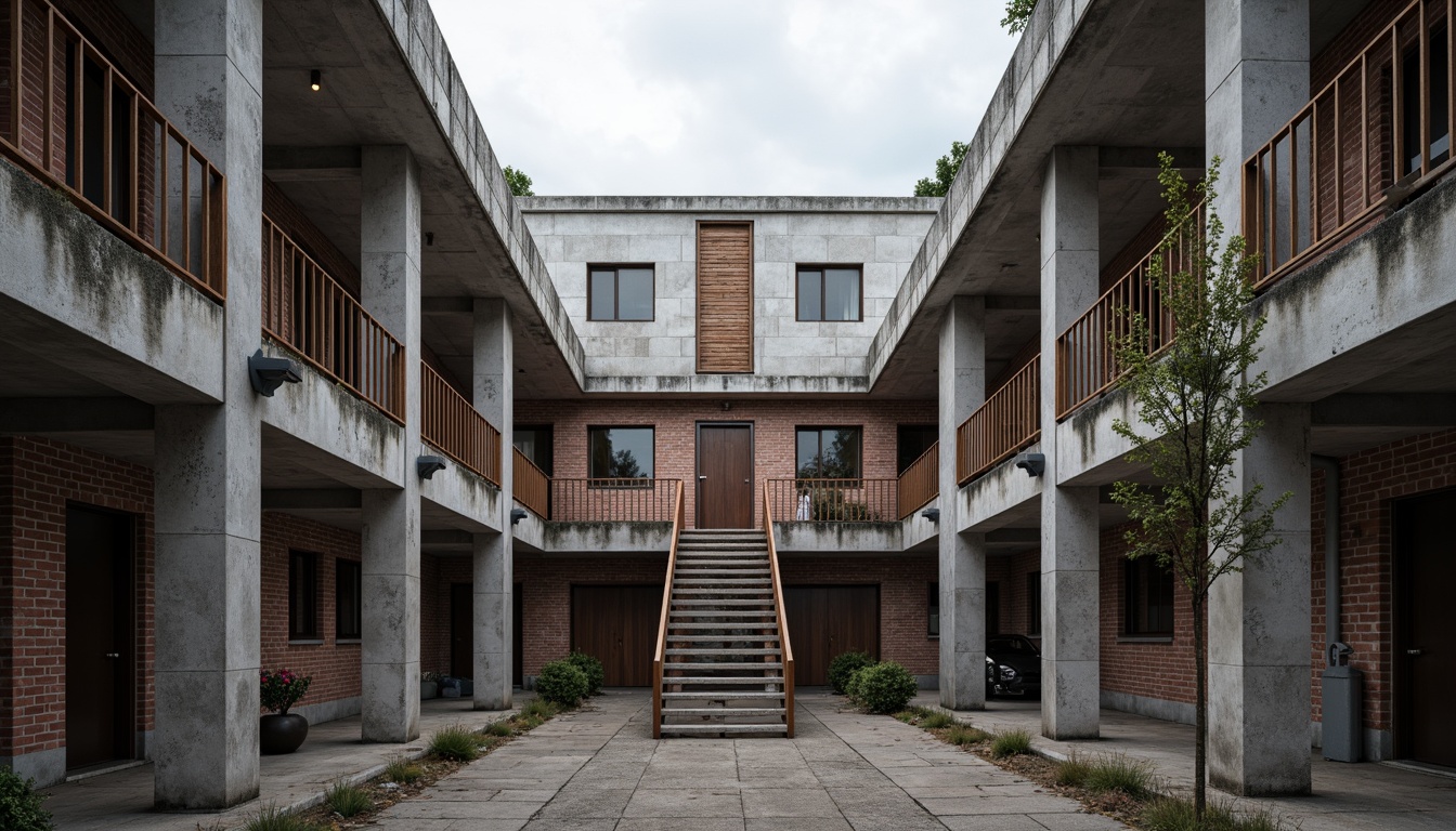 Prompt: Rough concrete walls, exposed ductwork, industrial metal beams, raw brick facades, distressed wood accents, brutalist fortress-like structures, rugged stone foundations, cold steel railings, minimalist ornamentation, functional simplicity, urban cityscape, overcast skies, dramatic shadows, high-contrast lighting, 1/1 composition, symmetrical framing, realistic material textures, ambient occlusion.