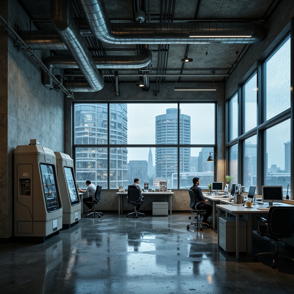 Prompt: Industrial laboratory setting, exposed ductwork, metallic pipes, concrete floors, minimalist aesthetic, functional layout, modular furniture, sleek workstations, futuristic equipment, glass partitions, neon lighting, urban cityscape, rainy day, misty atmosphere, shallow depth of field, 1/1 composition, realistic textures, ambient occlusion.