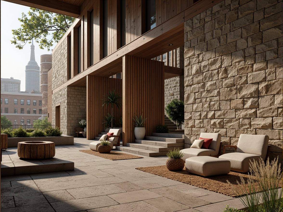 Prompt: Rough stone walls, rustic brick facades, wooden accents, natural wood grain, earthy tones, organic forms, irregular shapes, tactile experiences, 3D modeling, realistic renderings, ambient occlusion, soft warm lighting, shallow depth of field, 2/3 composition, modern architecture, sustainable design, eco-friendly materials, green roofs, living walls, urban landscapes, city skylines, industrial heritage, converted warehouses.