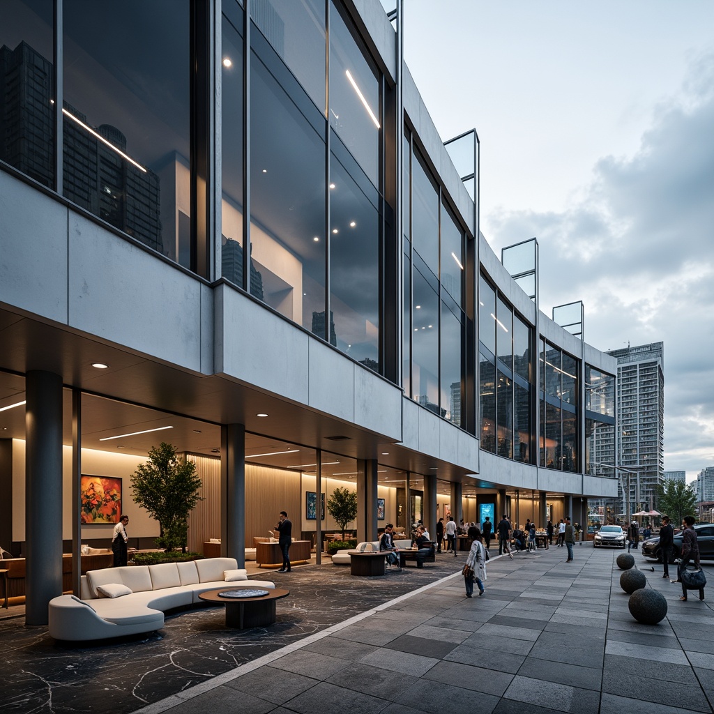 Prompt: Sleek modern building, curved lines, metallic materials, polished chrome accents, glass fa\u00e7ade, minimalist ornamentation, monochromatic color scheme, industrial chic aesthetic, urban cityscape, cloudy sky, soft diffused lighting, shallow depth of field, 1/1 composition, realistic reflections, ambient occlusion, luxurious interior design, marble flooring, leather upholstery, metallic trim, futuristic ambiance.