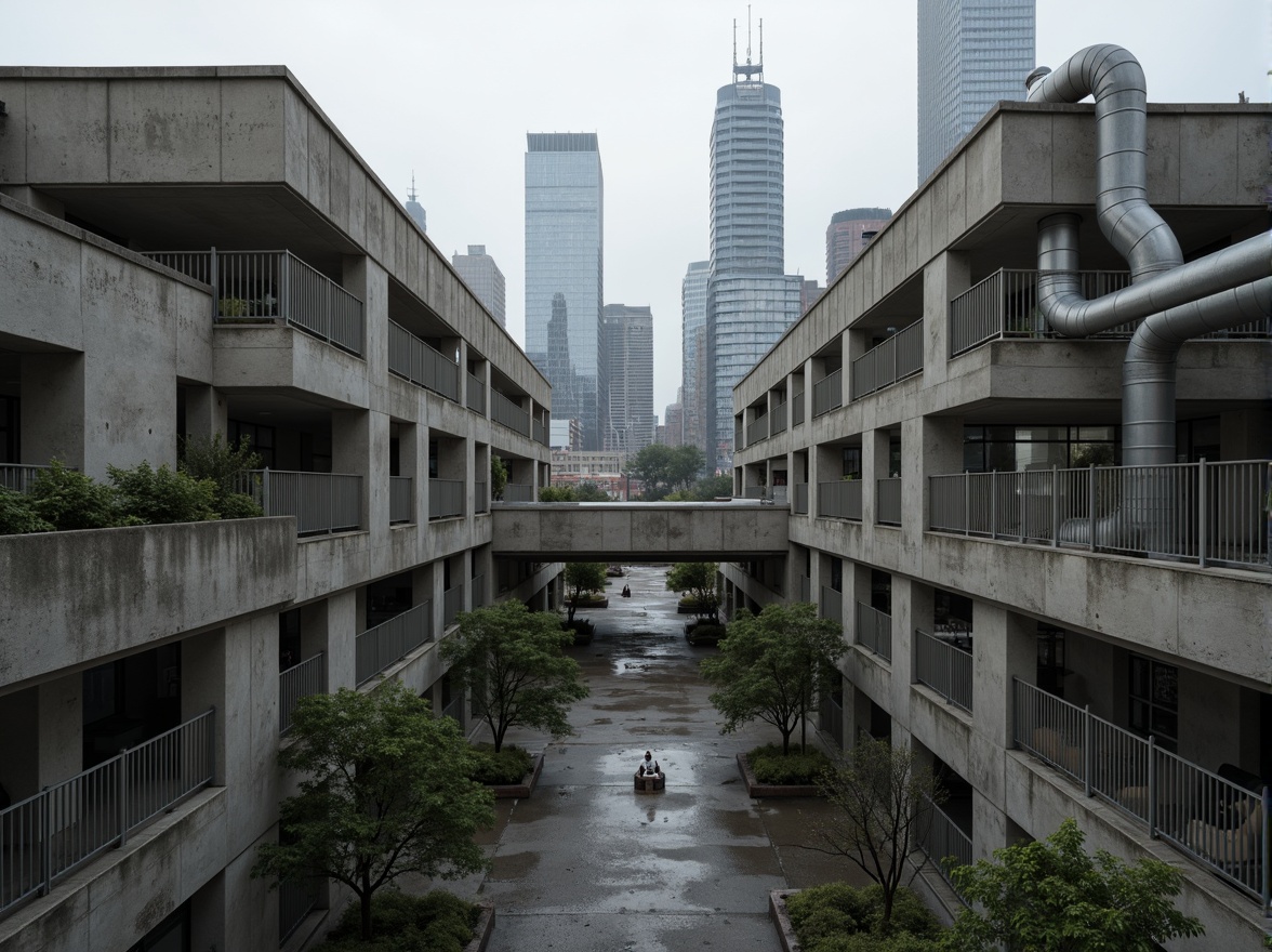 Prompt: Rugged concrete structures, brutalist architecture, fortress-like buildings, raw unfinished surfaces, exposed ductwork, industrial pipes, reinforced steel beams, geometric shapes, angular lines, monumental scale, urban cityscape, overcast skies, dramatic shadows, high-contrast lighting, cinematic composition, 2.35