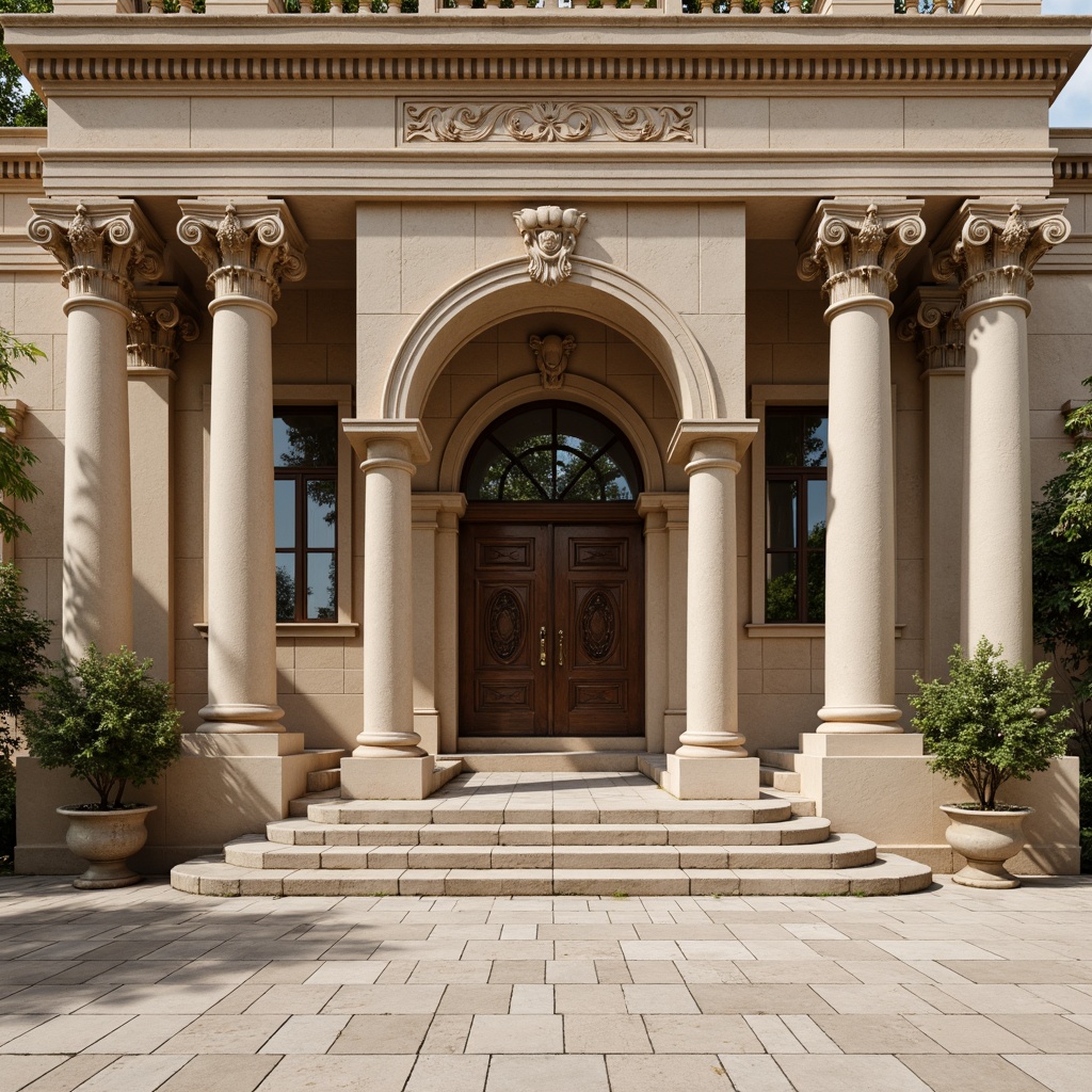 Prompt: Grandiose building facade, ornate columns, intricately carved details, symmetrical composition, classical arches, rusticated stone walls, grand entranceways, sweeping staircases, elegant balustrades, refined moldings, subtle ornamentation, muted earthy tones, warm beige stonework, soft natural lighting, shallow depth of field, 2/3 composition, realistic textures, ambient occlusion.