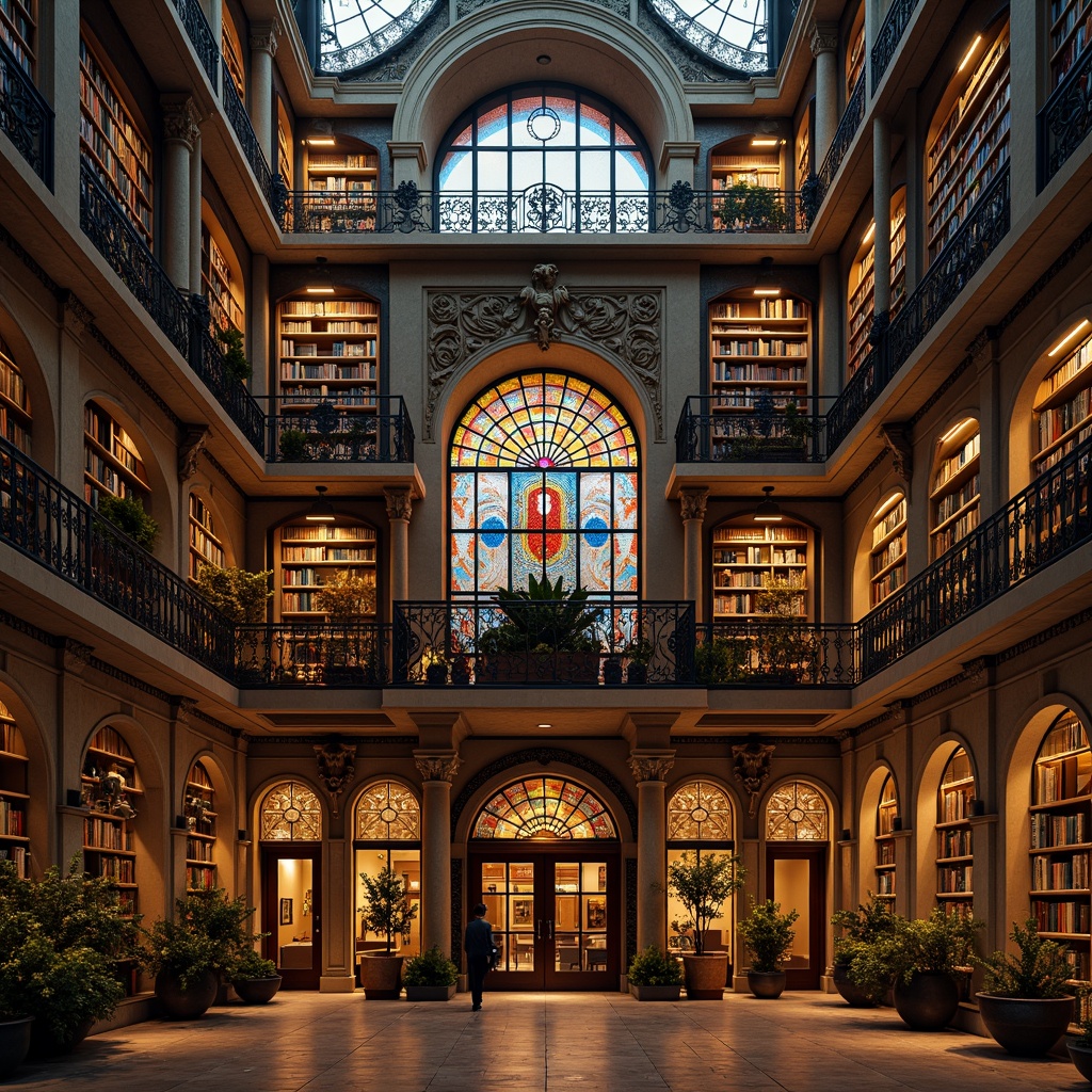 Prompt: Grandiose library facade, eclectic architectural style, ornate stone carvings, intricate metalwork, vibrant stained glass windows, asymmetrical composition, grand entrance archways, imposing columns, ornamental balconies, richly patterned textiles, warm golden lighting, dramatic shadows, 1/2 composition, low-angle shot, realistic materials, ambient occlusion.