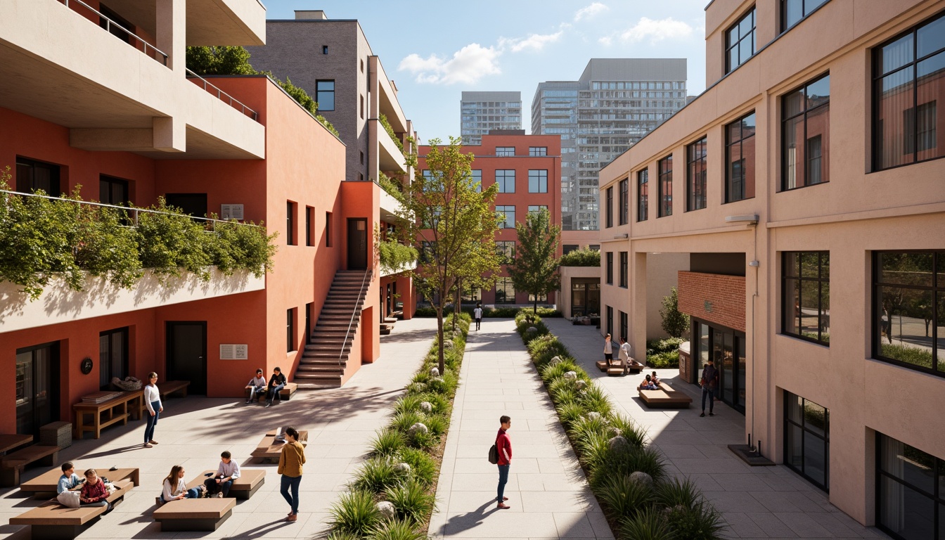 Prompt: Geometric student halls, bold primary colors, rectangular windows, flat roofs, functionalist architecture, industrial materials, exposed pipes, minimalist decor, communal living spaces, modernist furniture, abstract artwork, urban surroundings, busy streets, contemporary cityscape, natural light, high contrast shadows, dramatic lighting, 1/1 composition, symmetrical framing, realistic textures, ambient occlusion.