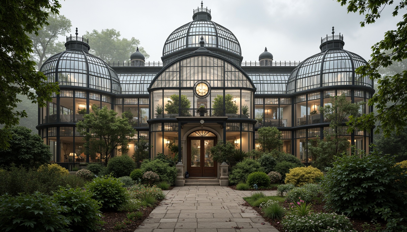 Prompt: Elegant greenhouse, ornate metal frames, lush greenery, exotic plants, Victorian-era inspired architecture, intricate glass details, curved lines, symmetrical facades, grand entranceways, decorative finials, ornamental ridges, natural stone foundations, rustic wooden accents, soft warm lighting, misty atmosphere, shallow depth of field, 1/1 composition, realistic textures, ambient occlusion.