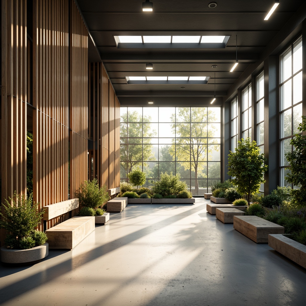 Prompt: Minimalist gymnasium interior, natural light pouring in, polished concrete floors, reclaimed wood accents, industrial metal beams, eco-friendly rubber flooring, energy-efficient LED lighting, recycled plastic benches, living green walls, air-purifying plants, calm atmosphere, soft warm glow, shallow depth of field, 1/1 composition, realistic textures, ambient occlusion.