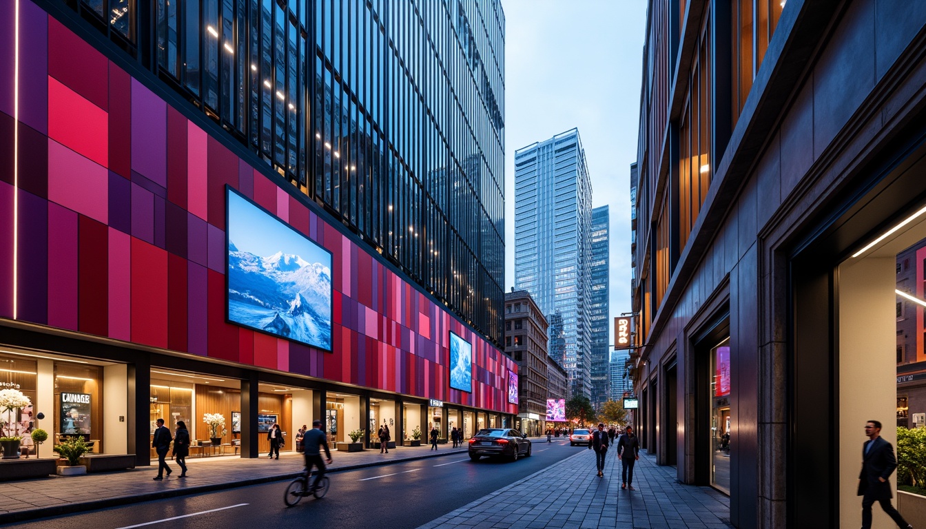 Prompt: Vibrant cityscape, modern skyscrapers, bold color blocking, contrasting hues, neon lights, urban landscape, bustling streets, pedestrian walkways, dynamic architecture, geometric patterns, metallic accents, glass facades, LED installations, futuristic ambiance, high-contrast lighting, dramatic shadows, 1/1 composition, low-angle shot, cinematic mood, realistic reflections.