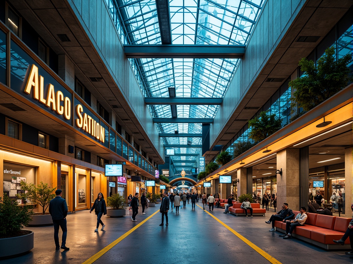 Prompt: Vibrant train station, modern architecture, sleek metal beams, glass roofs, industrial chic, urban landscape, bustling atmosphere, rush hour crowds, dynamic lighting, neon signs, bold typography, concrete floors, steel columns, wooden accents, warm beige tones, deep blue hues, bright yellow highlights, energetic orange accents, futuristic vibe, high-tech amenities, comfortable seating areas, natural stone walls, lush greenery, panoramic views, shallow depth of field, 3/4 composition, realistic textures, ambient occlusion.