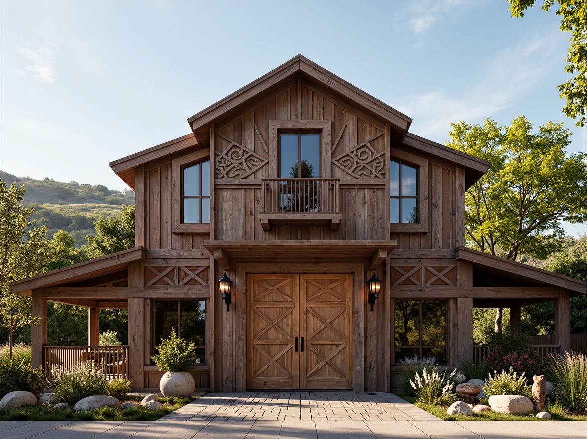 Prompt: Rustic barn facade, Art Deco ornate details, distressed wood textures, vintage metal accents, geometric patterns, bold color schemes, symmetrical composition, ornate entrance doors, decorative roof finials, classic lanterns, rural landscape, rolling hills, sunny afternoon, warm soft lighting, shallow depth of field, 1/2 composition, realistic weathering effects, ambient occlusion.