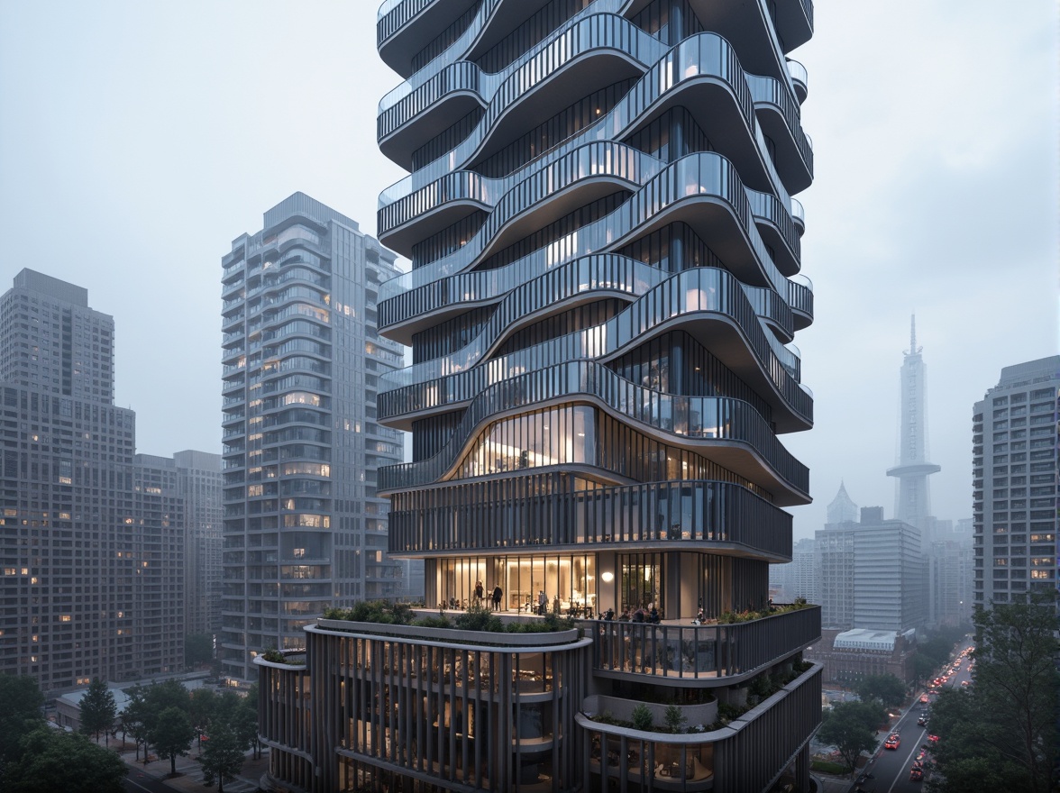 Prompt: Futuristic skyscraper, cantilevered floors, curved lines, dynamic shapes, parametric design, algorithmic patterns, 3D printed components, modular construction, sustainable materials, recycled steel beams, translucent glass facades, LED lighting systems, urban cityscape, misty morning atmosphere, shallow depth of field, 1/2 composition, dramatic shadows, realistic reflections.