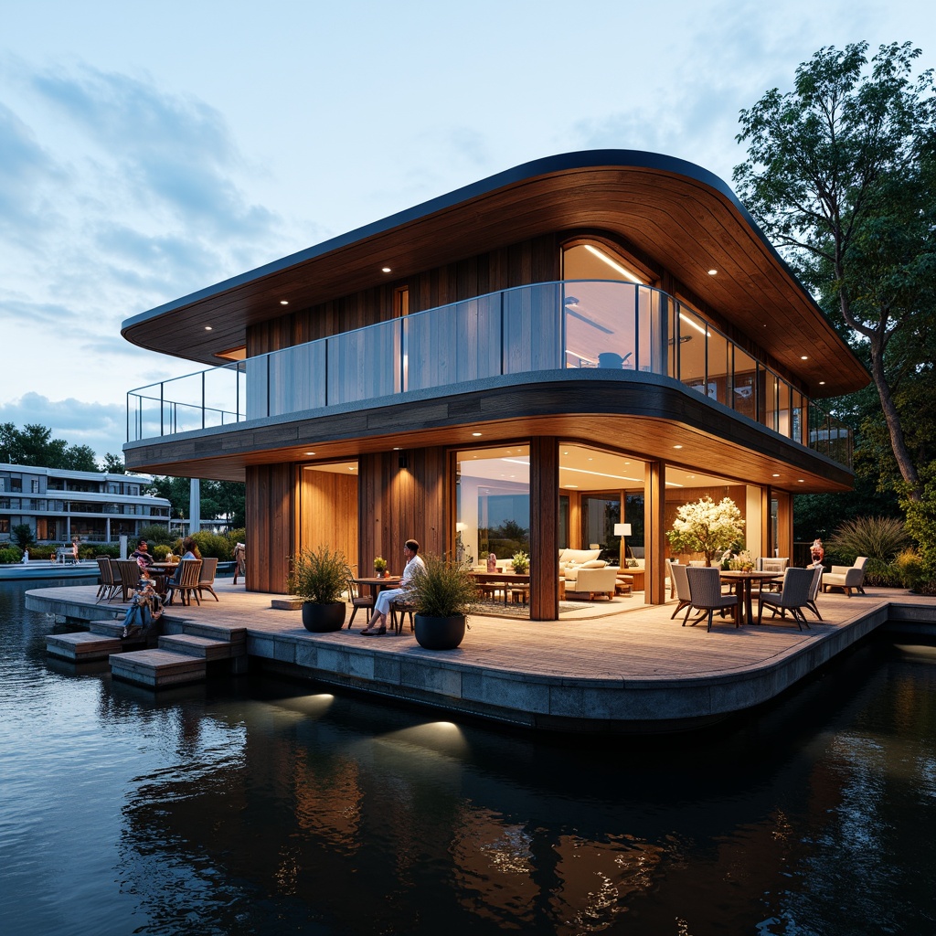 Prompt: Waterfront boathouse, international style, curved rooflines, wooden accents, nautical elements, sailboat-inspired design, cantilevered decks, floor-to-ceiling windows, sliding glass doors, rustic wood textures, weathered metal cladding, corrugated roofing, industrial chic lighting, warm cozy atmosphere, soft natural light, shallow depth of field, 1/1 composition, realistic reflections, ambient occlusion.