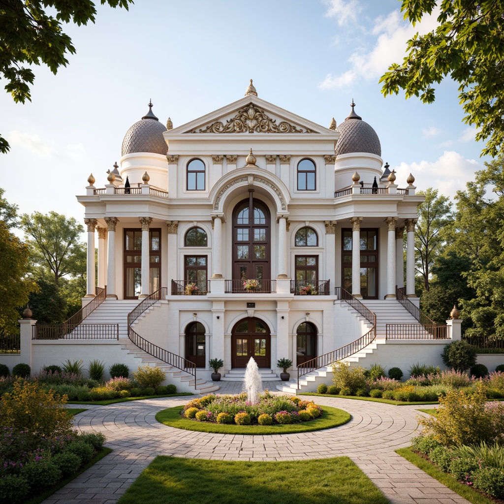 Prompt: Grandiose neoclassical building, symmetrical facade, ornate columns, intricately carved architraves, imposing entrance, sweeping staircases, majestic domes, gleaming white marble, polished bronze details, harmonious proportions, perfect bilateral symmetry, classical orders, Corinthian capitals, ionic volutes, rusticated bases, grand central axis, formal gardens, manicured lawns, ornamental fountains, vibrant flower arrangements, warm golden lighting, shallow depth of field, 1/1 composition, frontal view, realistic textures, ambient occlusion.