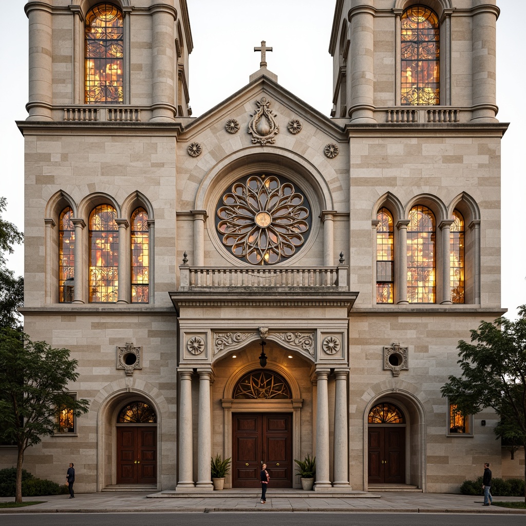 Prompt: Grandiose church facade, ornate stone carvings, symmetrical composition, soaring bell towers, intricate stained glass windows, majestic entrance archways, rusticated quoins, Corinthian columns, decorative pilasters, ornamental pediments, subtle weathered stone textures, warm golden lighting, soft focus, shallow depth of field, 2/3 composition, realistic architectural details, ambient occlusion.