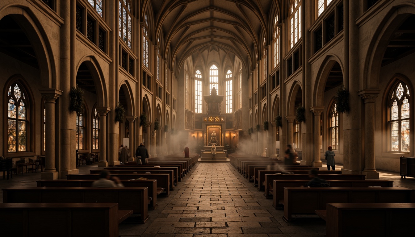 Prompt: Mysterious Gothic cathedral, khaki stone walls, ornate carvings, stained glass windows, grandiose vaulted ceilings, intricate archways, mystical ambiance, warm candlelight, eerie shadows, mysterious fog, misty atmosphere, dramatic lighting, 1/2 composition, low-angle shot, cinematic mood, rich textures, subtle grain.