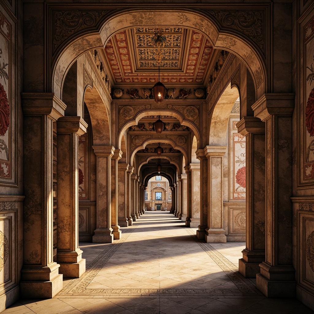 Prompt: Ancient monument ruins, fusion architecture, weathered stone walls, ornate carvings, intricate mosaics, vibrant cultural patterns, rich historical textures, monumental arches, grandiose columns, imposing statues, mystical ambiance, warm golden lighting, dramatic shadows, 1/1 composition, symmetrical framing, realistic render, ambient occlusion, subtle depth of field.