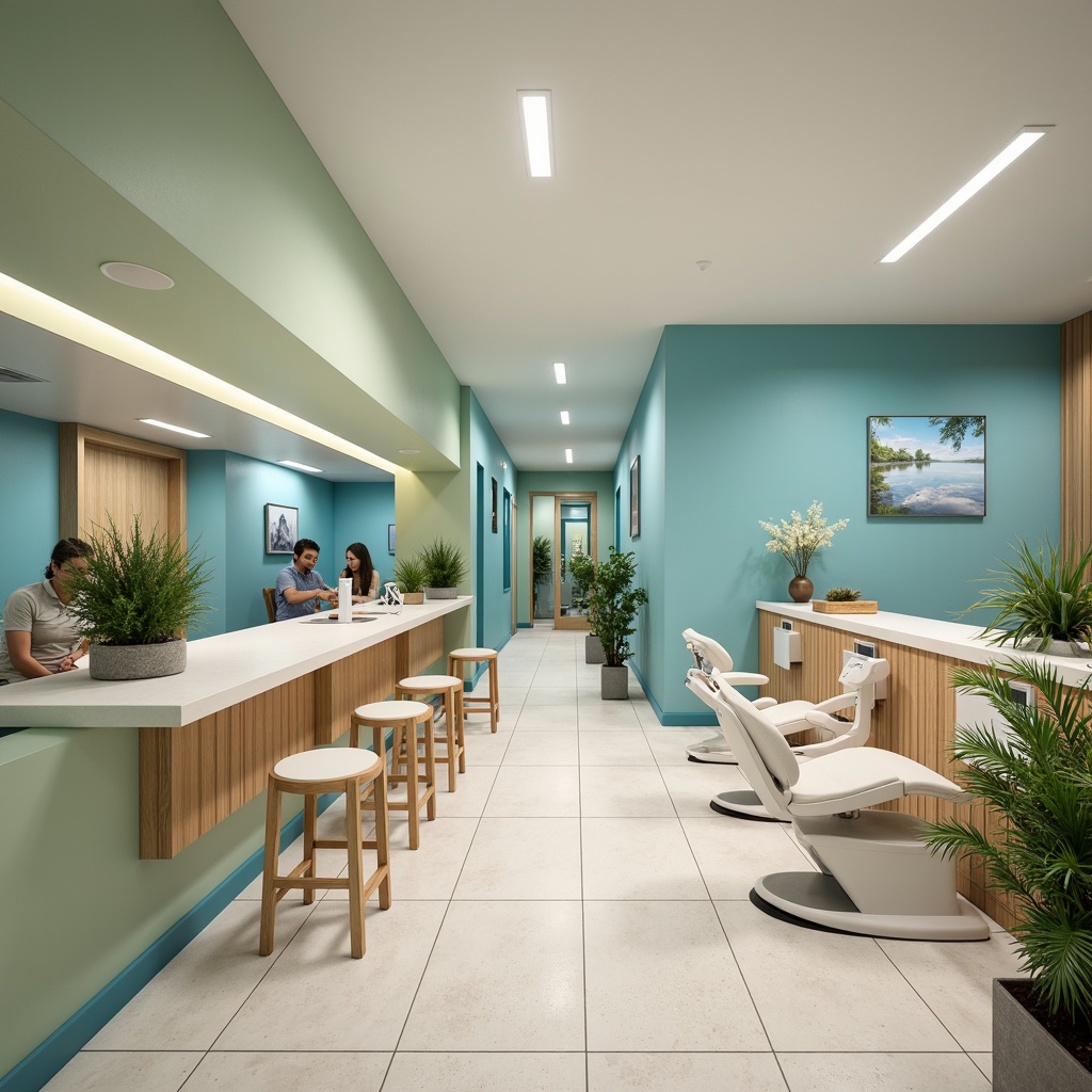 Prompt: Calming dental clinic, soothing blue-green color scheme, creamy whites, warm beige tones, natural wood accents, gentle curves, minimalist decor, modern medical equipment, sleek stainless steel surfaces, comfortable waiting area, lush green plants, soft overhead lighting, shallow depth of field, 1/1 composition, realistic textures, ambient occlusion.