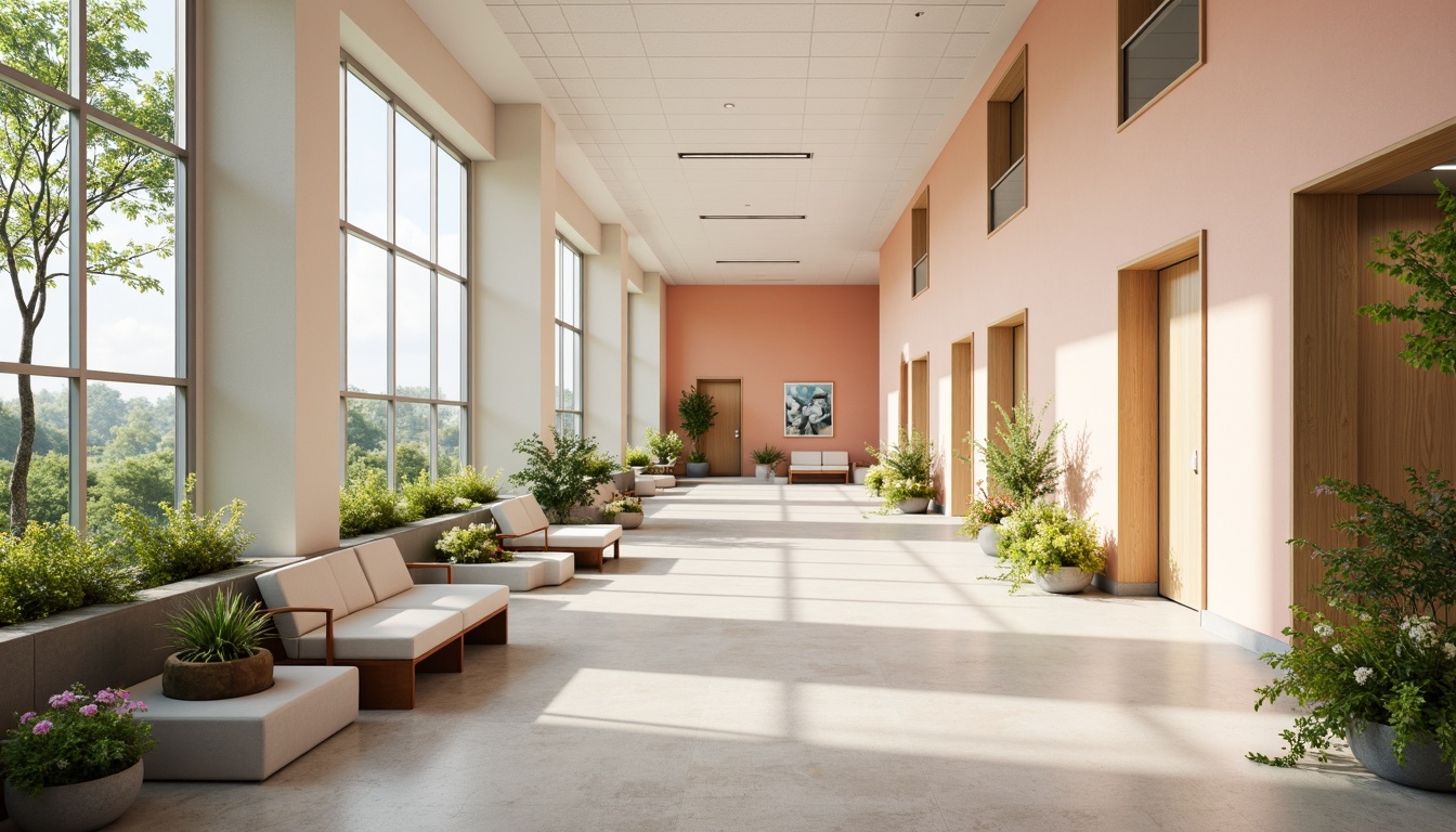 Prompt: Calming hospital interior, soothing color palette, gentle pastel hues, soft peach tones, creamy whites, pale blues, natural wood accents, comfortable seating areas, lush greenery, vibrant flowers, warm lighting, cozy ambiance, relaxing atmosphere, serene patient rooms, peaceful waiting areas, calming corridors, nature-inspired artwork, subtle texture patterns, minimal noise levels, 1/1 composition, soft focus, realistic rendering.