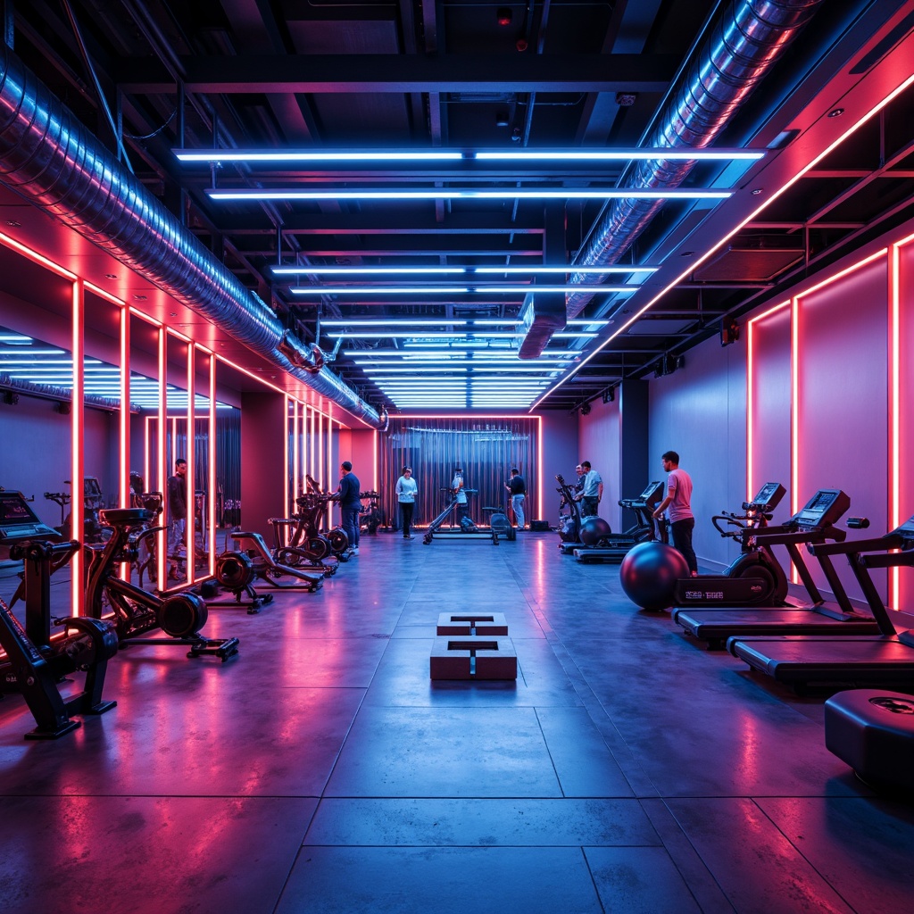 Prompt: Neon-lit fitness club, metallic surfaces, glossy floors, LED light installations, futuristic equipment, sleek machines, high-tech gadgets, virtual reality zones, holographic displays, iridescent color schemes, mirror-finish accents, polished chrome details, rubberized flooring, athletic tracks, minimalist decor, ambient lighting, shallow depth of field, 1/1 composition, cinematic view, realistic reflections, advanced materials, innovative textiles.