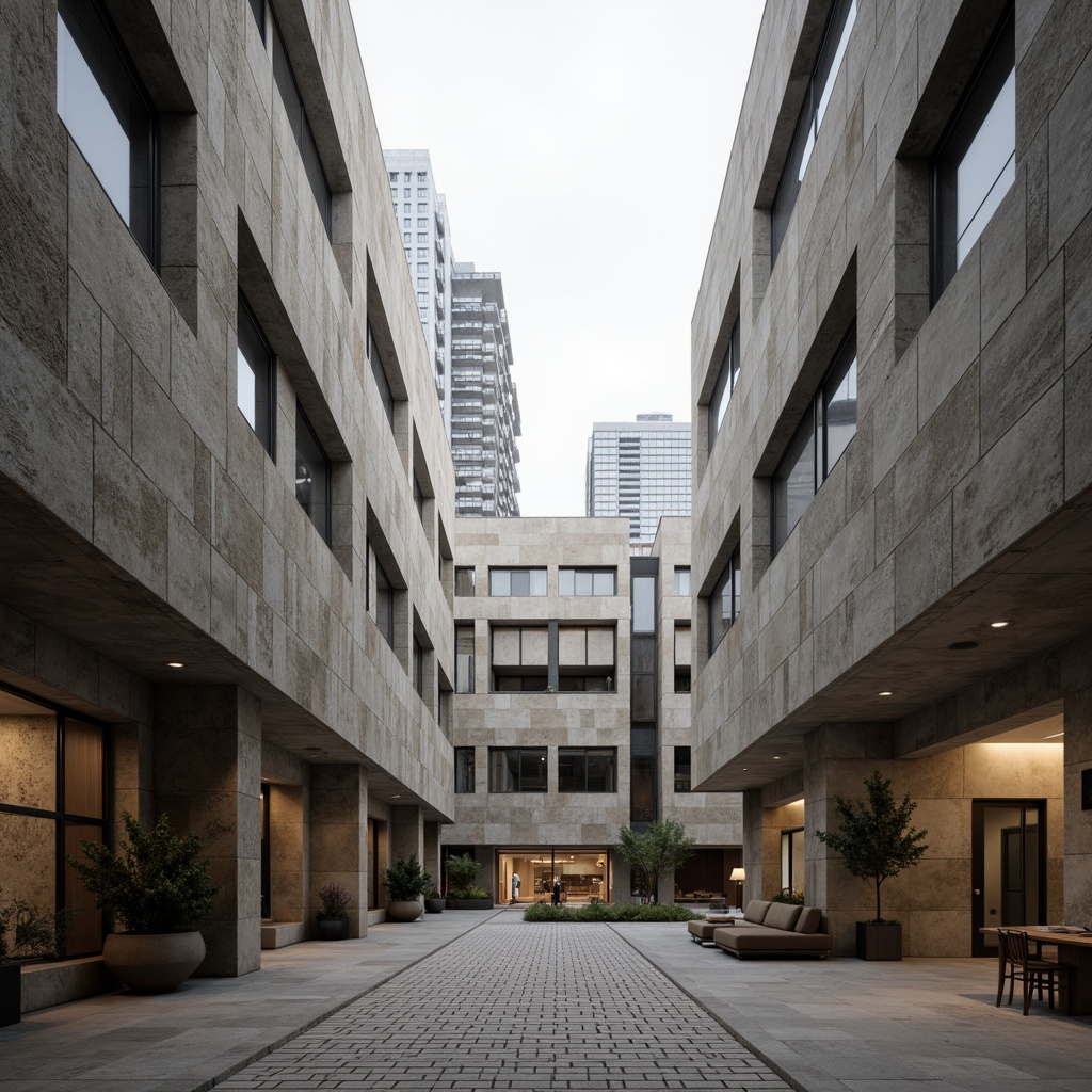 Prompt: Rough-hewn concrete walls, rugged stone facades, brutalist community center, angular geometric shapes, fortress-like structures, raw industrial materials, exposed ductwork, minimalist interior design, functional spaces, natural light pouring in, urban cityscape backdrop, overcast skies, dramatic shadows, high-contrast lighting, 1/1 composition, symmetrical framing, gritty realistic textures, ambient occlusion.