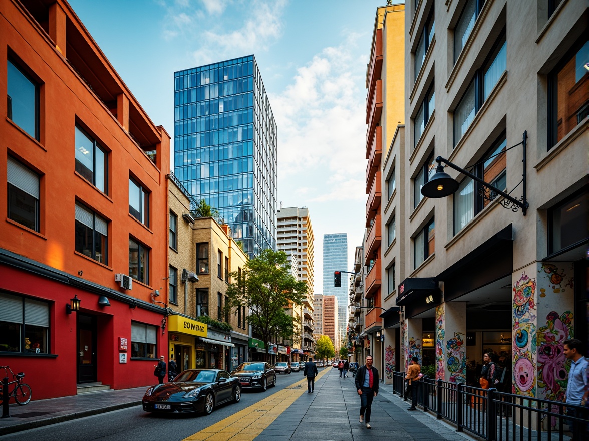 Prompt: Vibrant cityscape, modern skyscrapers, bold color blocking, contrasting hues, dynamic visual effects, urban energy, eclectic neighborhood, artistic murals, graffiti walls, trendy cafes, bustling streets, warm golden lighting, shallow depth of field, 1/1 composition, realistic textures, ambient occlusion.