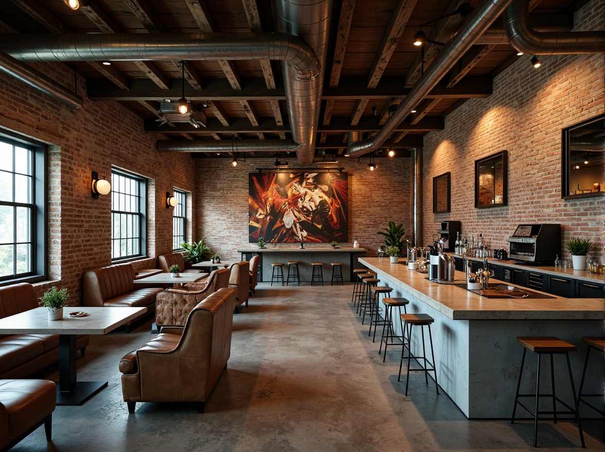 Prompt: Rustic industrial coffee shop, exposed brick walls, polished concrete floors, reclaimed wood accents, metallic beams, distressed leather furniture, Edison bulb lighting, abstract geometric patterns, fragmented mirrors, irregular shapes, bold color contrasts, rough-hewn stone countertops, poured concrete tables, minimalist decor, urban loft atmosphere, natural light pouring in, high ceilings, dramatic shadows, 1/1 composition, moody warm lighting, realistic textures.