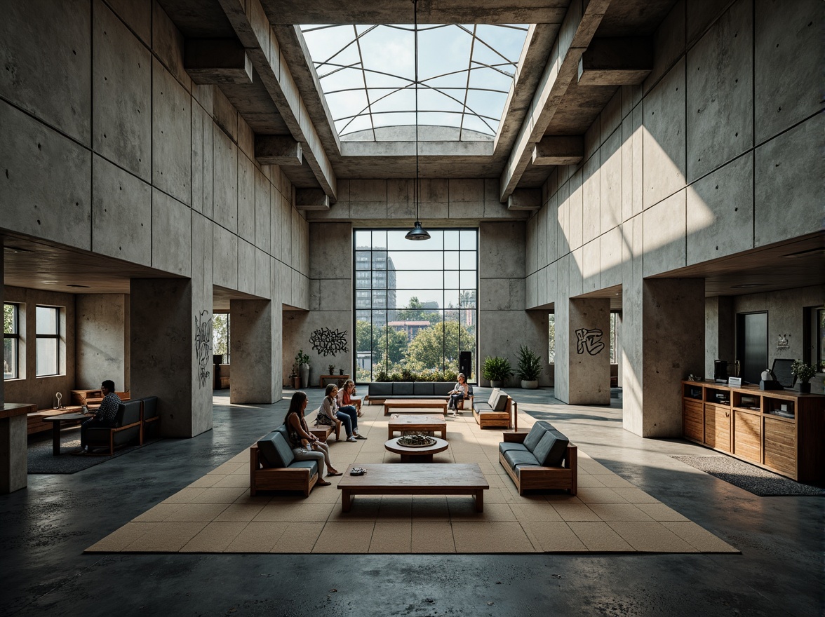 Prompt: Rugged community center, brutalist architecture, raw concrete walls, exposed ductwork, industrial metal beams, natural light pouring in, large skylights, clerestory windows, urban landscape views, gritty cityscape, overcast sky, soft diffused lighting, high contrast shadows, dramatic architectural forms, bold geometric shapes, functional minimalism, communal gathering spaces, reclaimed wood accents, weathered steel features, abstract graffiti art, moody atmospheric tones, cinematic composition, realistic textures, ambient occlusion.