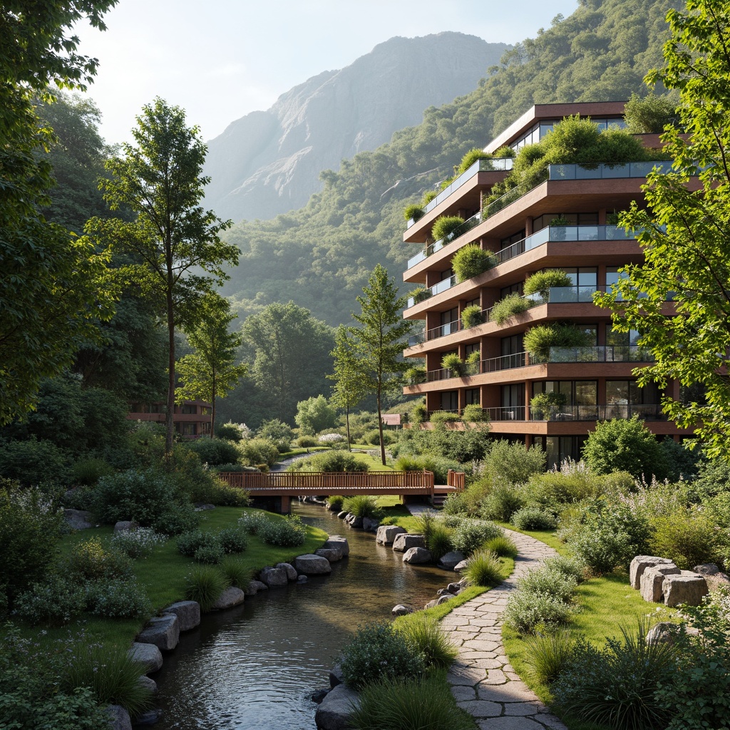 Prompt: Eco-friendly buildings, lush green roofs, living walls, natural ventilation, solar panels, wind turbines, rainwater harvesting systems, organic gardens, native plant species, meandering streams, serene water features, rustic wooden bridges, weathered stone pathways, earthy color palette, soft diffused lighting, shallow depth of field, 3/4 composition, panoramic view, realistic textures, ambient occlusion.