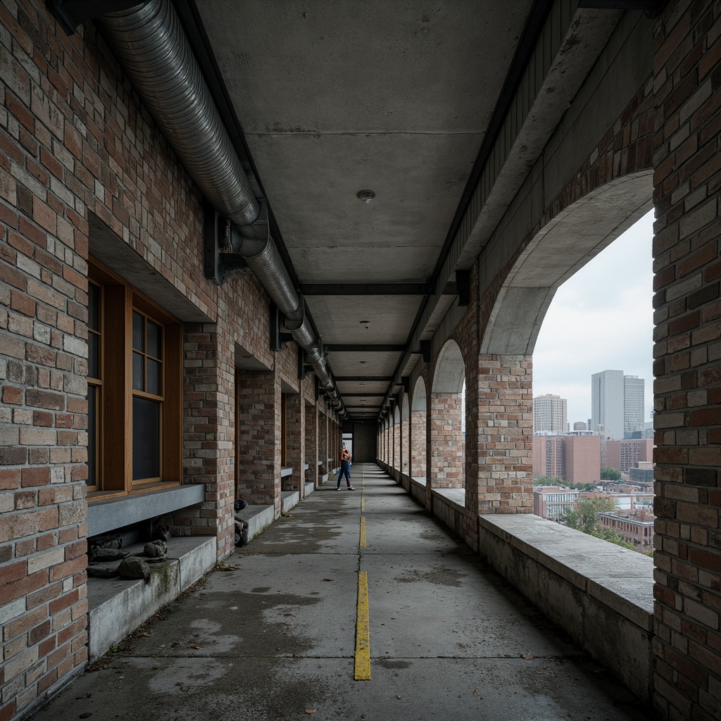 Prompt: Rough concrete walls, exposed ductwork, industrial metal beams, raw brick facades, weathered stone surfaces, distressed wood accents, brutalist monumentality, fortress-like structures, urban cityscape, overcast skies, dramatic shadows, high-contrast lighting, cinematic composition, gritty realistic textures, ambient occlusion.