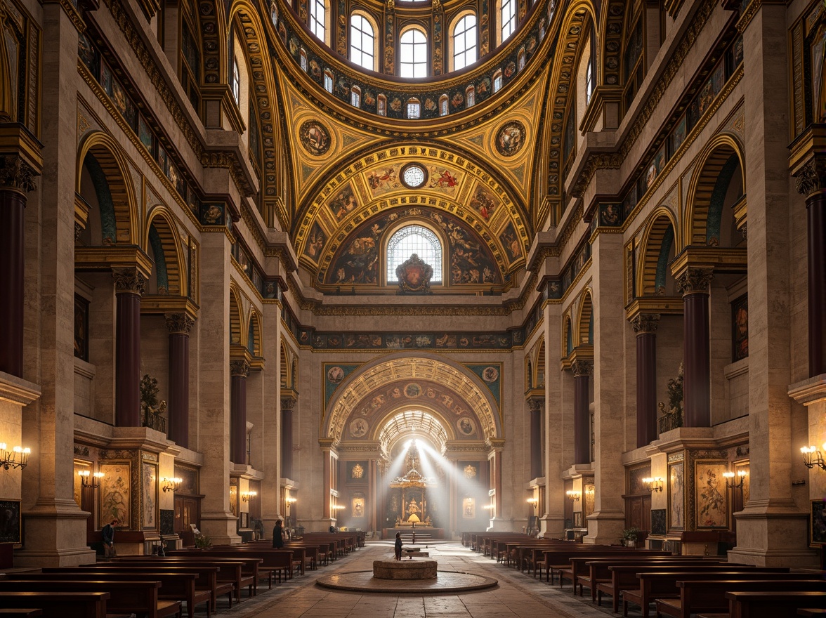 Prompt: Majestic Byzantine church, golden domes, intricate mosaics, rich jewel tones, warm beige stone walls, ornate frescoes, vibrant turquoise accents, regal purple hues, soft candlelight, atmospheric fog, mystical ambiance, high contrast lighting, dramatic shadows, symmetrical composition, ornate details, luxurious fabrics, antique textures, ancient artifacts.