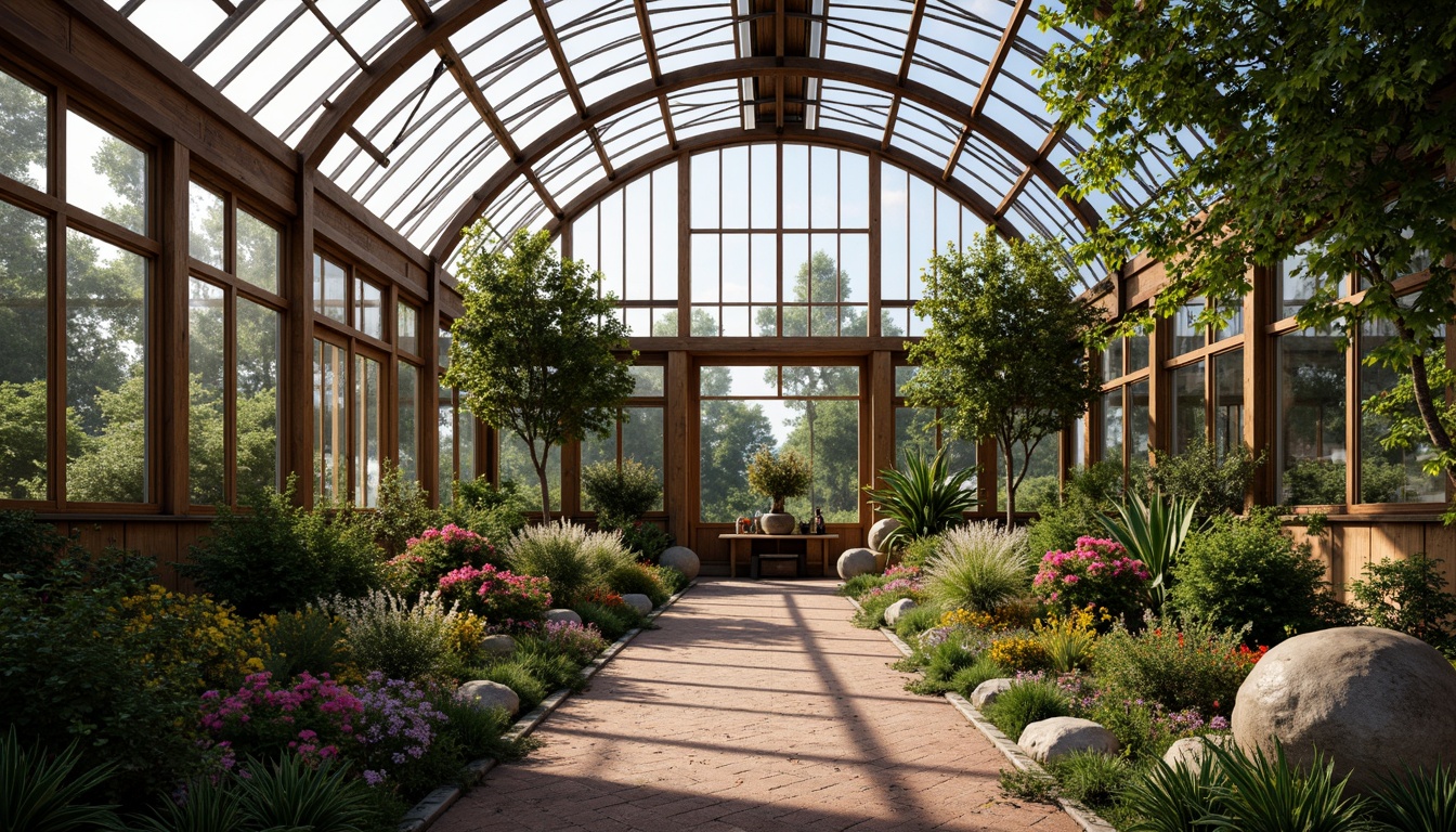 Prompt: Ornate greenhouse, lush tropical plants, exotic flowers, curved glass roofs, ornamental metal frames, natural stone walls, rustic wooden accents, vintage gardening tools, distressed brick pathways, soft warm lighting, shallow depth of field, 1/1 composition, realistic textures, ambient occlusion, innovative materials, recycled glass, low-carbon concrete, sustainable wood, eco-friendly insulation, energy-efficient systems, misting irrigation systems, romantic ambiance, serene atmosphere.