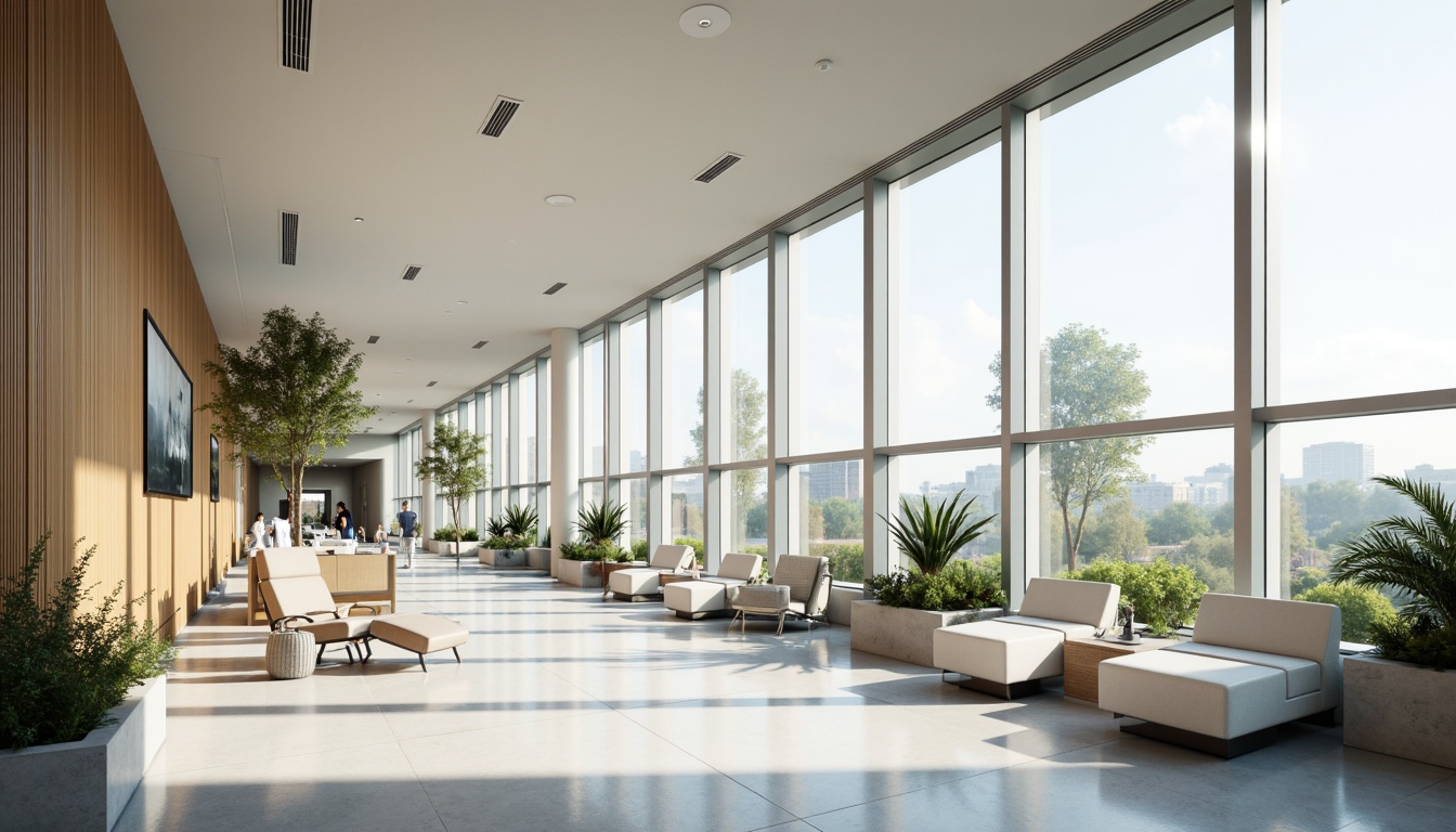 Prompt: Minimalist hospital interior, abundant natural light, floor-to-ceiling windows, sleek metal frames, polished concrete floors, calming white walls, sparse greenery, modern medical equipment, stainless steel surfaces, subtle ambient lighting, soft warm tones, shallow depth of field, 1/1 composition, realistic textures, ambient occlusion, serene atmosphere, peaceful waiting areas, comfortable patient rooms, efficient nurse stations, minimalist decor, natural stone accents, wooden furniture, gentle color palette.