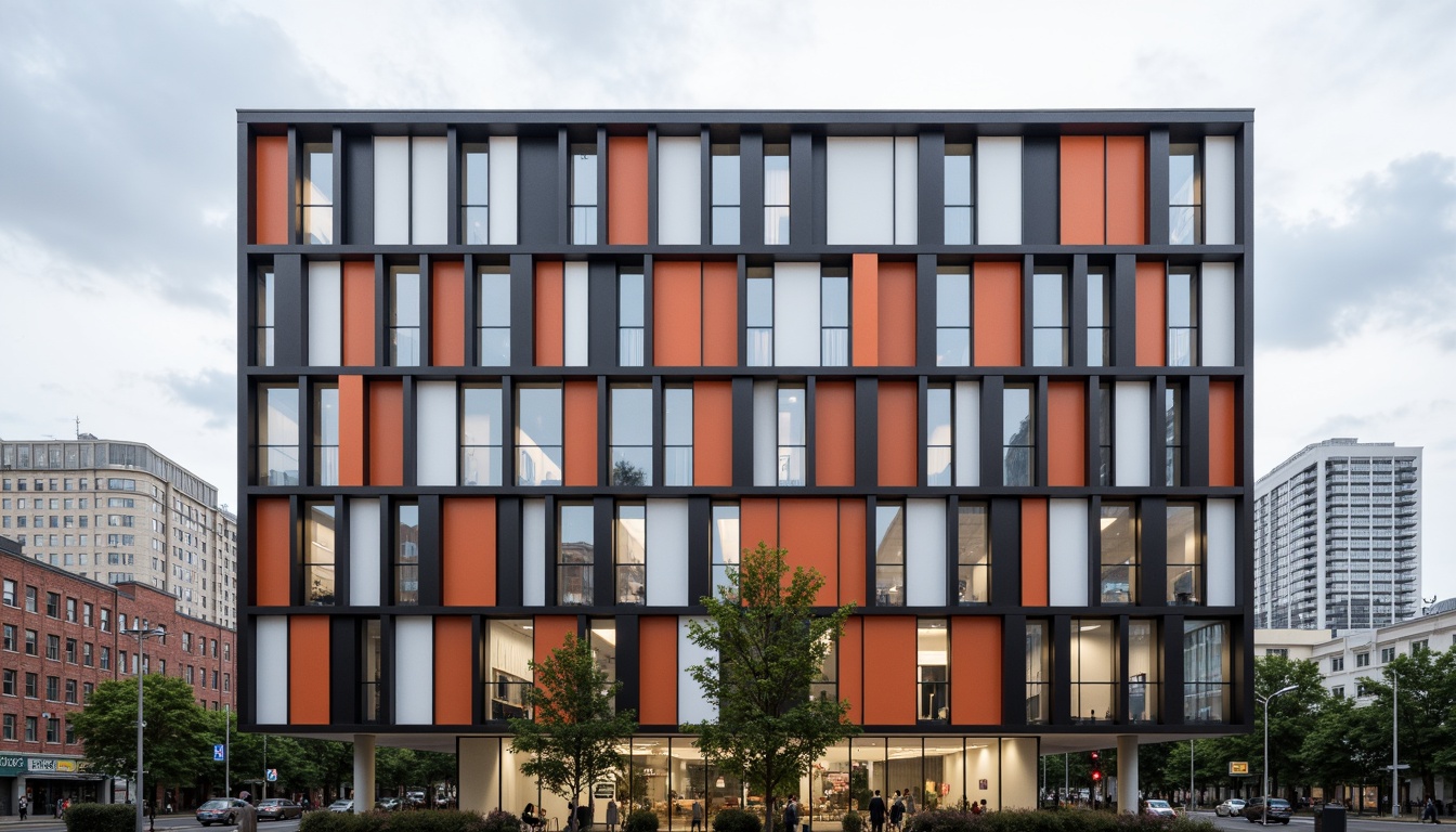 Prompt: Geometric building facade, rectangular forms, primary color scheme, industrial materials, steel frames, glass windows, minimalist ornamentation, functional simplicity, clean lines, right angles, asymmetrical composition, urban cityscape, cloudy sky, soft diffused lighting, shallow depth of field, 2/3 composition, realistic textures, ambient occlusion.