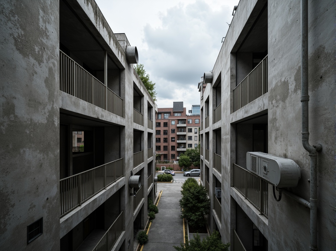 Prompt: Exposed concrete walls, rugged textures, industrial pipes, raw steel beams, minimalist balconies, brutalist architecture, urban cityscape, gloomy overcast sky, dramatic shadows, high-contrast lighting, bold geometric forms, functional simplicity, distressed finishes, poured-in-place concrete, cold monochromatic color palette, 1/1 composition, low-angle shot, cinematic atmosphere, gritty realistic textures.