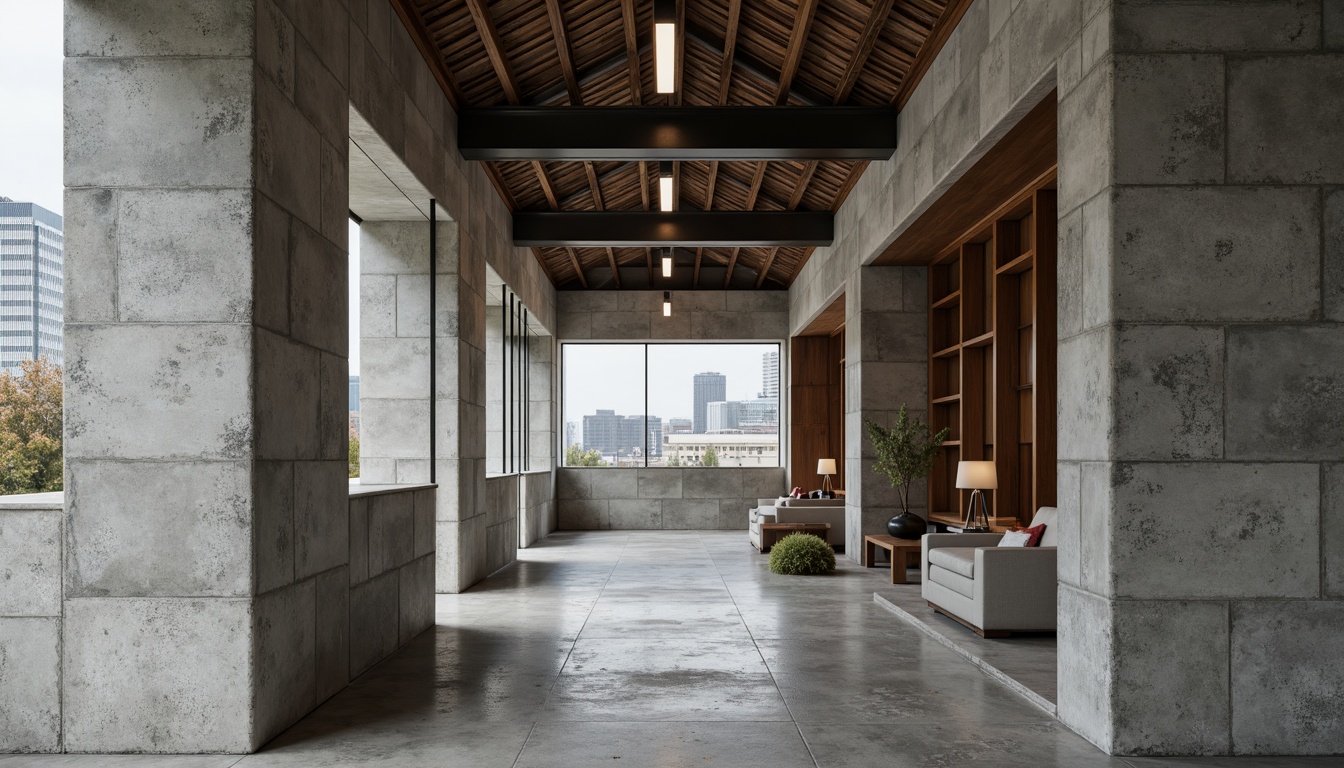 Prompt: Rough concrete walls, industrial metal beams, raw wooden accents, minimalist decorative elements, functional simplicity, bold geometric shapes, primary color schemes, brutalist influences, urban cityscape, overcast skies, dramatic shadows, high-contrast lighting, 1/1 composition, symmetrical framing, abstract textures, ambient occlusion.