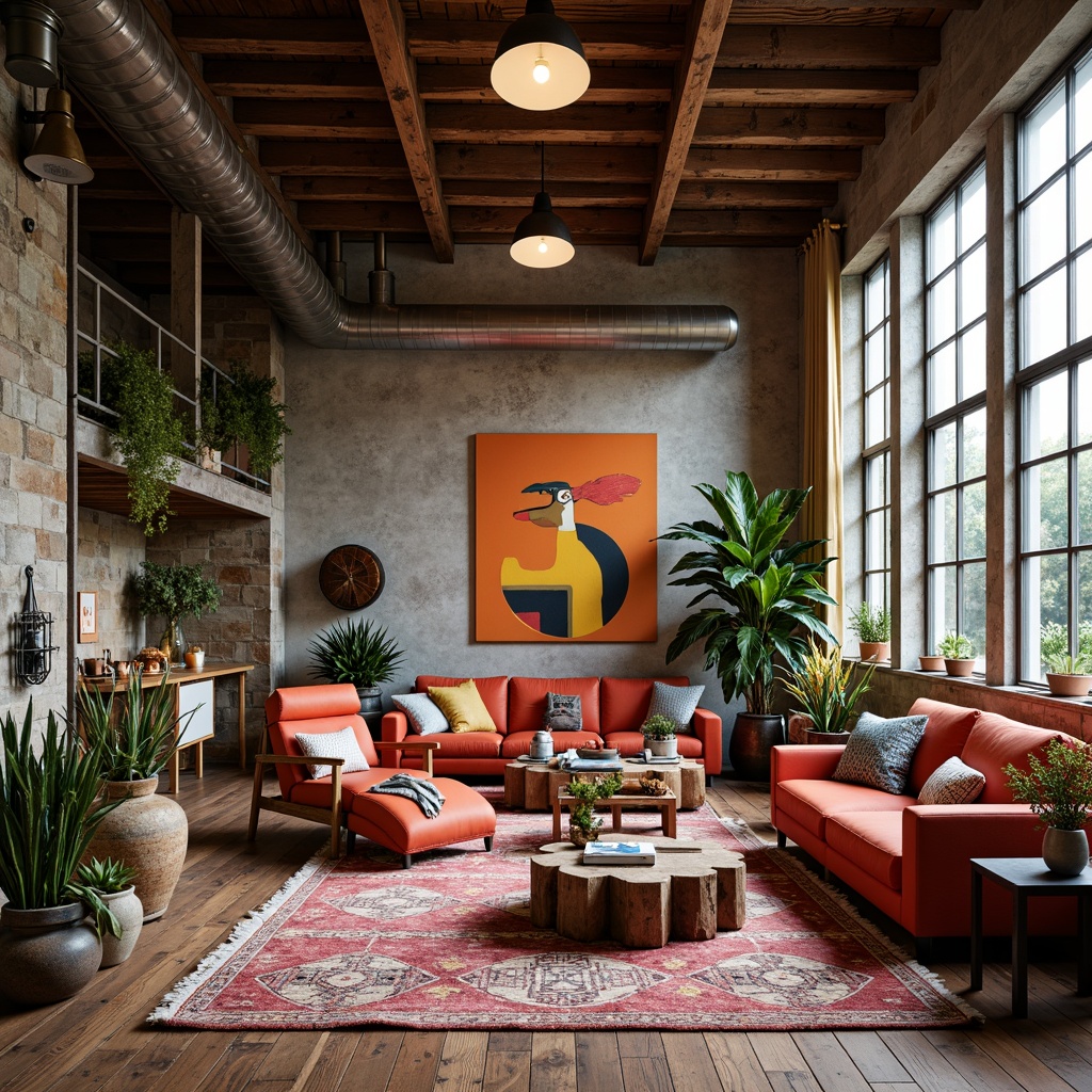 Prompt: Vibrant artistic studio, eclectic furniture, bold color blocking, contrasting textures, abstract artwork, statement lighting fixtures, industrial metal accents, reclaimed wood floors, bohemian-inspired rugs, natural stone walls, oversized windows, soft warm glow, shallow depth of field, 1/1 composition, realistic renderings, ambient occlusion.