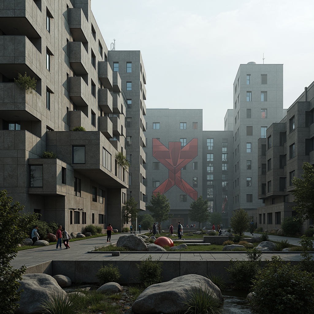 Prompt: Rugged university campus, brutalist architecture, raw concrete facades, fortress-like buildings, geometric shapes, industrial materials, metallic accents, bold color schemes, abstract sculptures, urban landscape, overcast skies, dramatic shadows, high-contrast lighting, cinematic composition, 1/2 frame ratio, atmospheric fog, realistic textures, ambient occlusion.