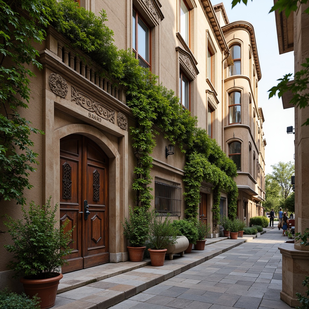 Prompt: Rustic university building, Romanesque style architecture, ornate stone carvings, arched windows, grand entranceways, heavy wooden doors, intricate ironwork, weathered stone walls, lush green ivy, vibrant flower boxes, decorative cornices, classical columns, warm beige stonework, soft afternoon lighting, shallow depth of field, 1/2 composition, realistic textures, ambient occlusion.