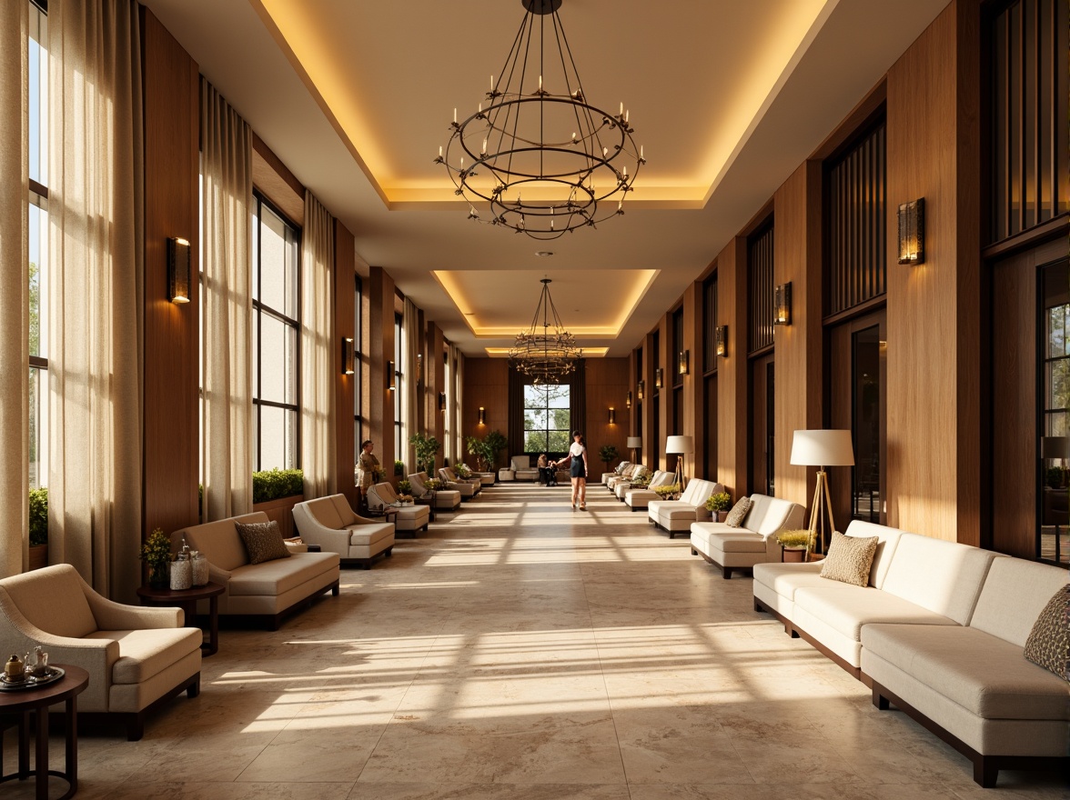 Prompt: Luxurious hotel lobby, rich wood accents, warm beige tones, soft cream hues, velvety upholstery, metallic gold fixtures, elegant chandeliers, natural stone flooring, ambient warm lighting, shallow depth of field, 3/4 composition, panoramic view, realistic textures, inviting atmosphere.