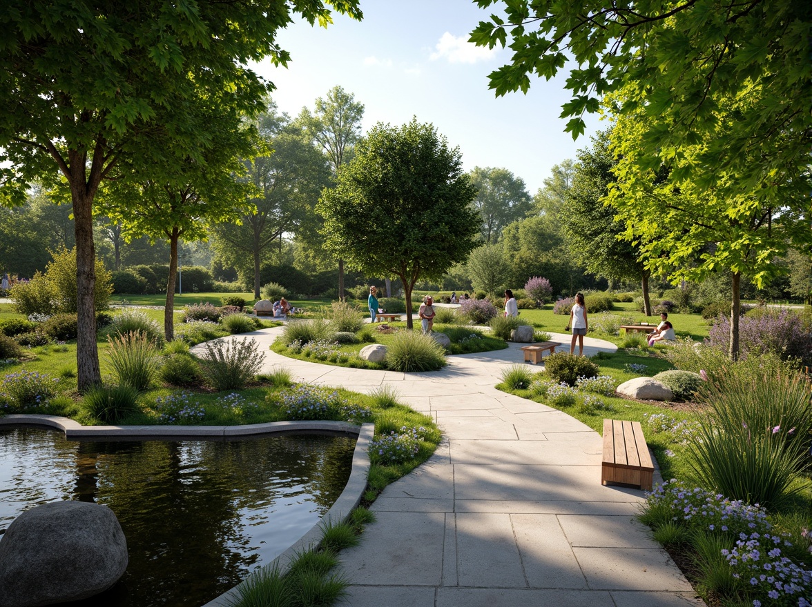 Prompt: Soothing healing garden, lush greenery, calming water features, serene walking paths, natural stone benches, vibrant flowers, gentle slopes, wheelchair-accessible ramps, sensory gardens, aromatic herbs, soft rustling leaves, warm sunny day, dappled shade, shallow depth of field, 1/1 composition, realistic textures, ambient occlusion, peaceful atmosphere.