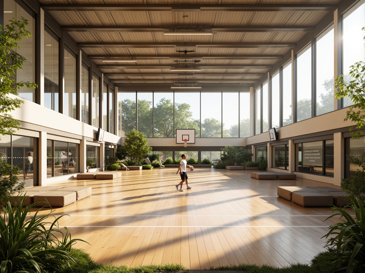 Prompt: Bright gymnasium interior, high ceilings, large windows, natural light pouring in, wooden flooring, athletic equipment, basketball hoops, volleyball nets, exercise machines, mirrored walls, motivational quotes, modern architecture, minimalist design, sleek lines, abundant greenery, lush plants, warm color tones, soft shadows, shallow depth of field, 1/1 composition, realistic textures, ambient occlusion.