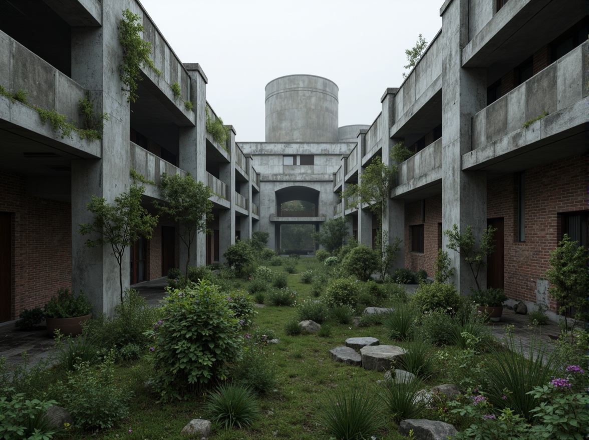 Prompt: Rugged brutalist architecture, raw concrete textures, fortress-like structures, overgrown vegetation, wildflowers, moss-covered walls, industrial landscapes, abandoned factories, crumbling brick facades, distressed metal accents, urban decay, post-apocalyptic atmosphere, dramatic lighting, low-angle shots, cinematic composition, gritty realistic renderings, atmospheric fog effects, misty mornings, eerie silence.