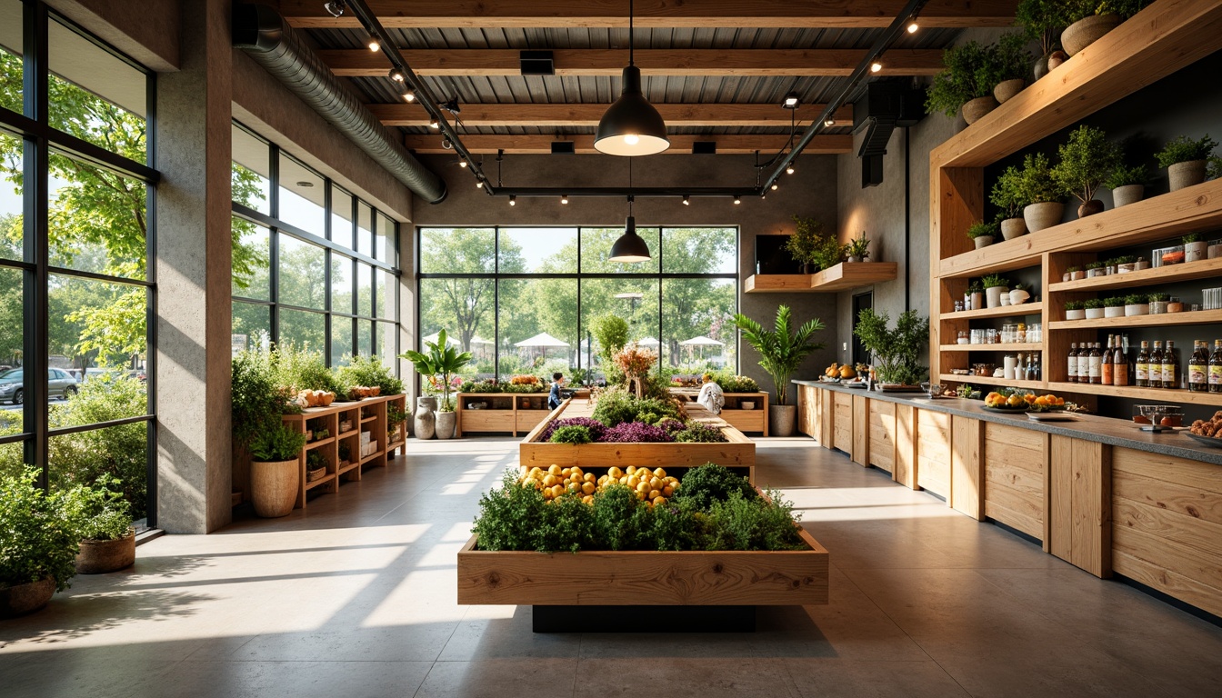 Prompt: Eco-friendly grocery store, natural wood accents, reclaimed wooden shelves, bamboo flooring, energy-efficient lighting, solar panels, green roofs, living walls, organic produce displays, locally sourced products, minimalist decor, industrial chic aesthetic, exposed ductwork, polished concrete floors, recycled metal fixtures, low-VOC paints, FSC-certified wood, rainwater harvesting systems, composting areas, educational signage, natural stone countertops, earthy color palette, abundant natural light, soft warm ambiance, shallow depth of field, 3/4 composition, realistic textures.