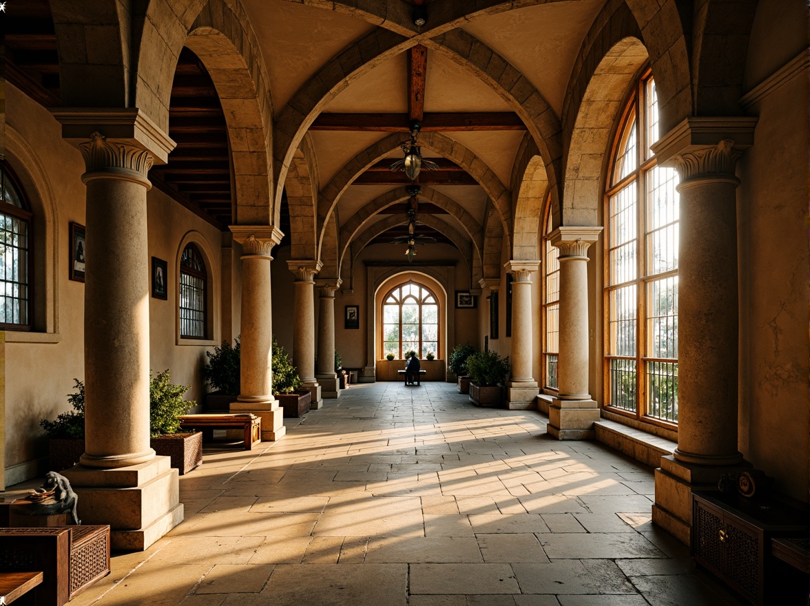 Prompt: Ancient stone columns, ornate capitals, rustic arches, weathered stonework, intricate carvings, grand entranceways, majestic vaulted ceilings, stained glass windows, warm golden lighting, soft focus, shallow depth of field, 1/2 composition, symmetrical framing, rich textures, ambient occlusion, historic landmarks, medieval-inspired architecture, ornamental details, classical proportions, earthy color palette.