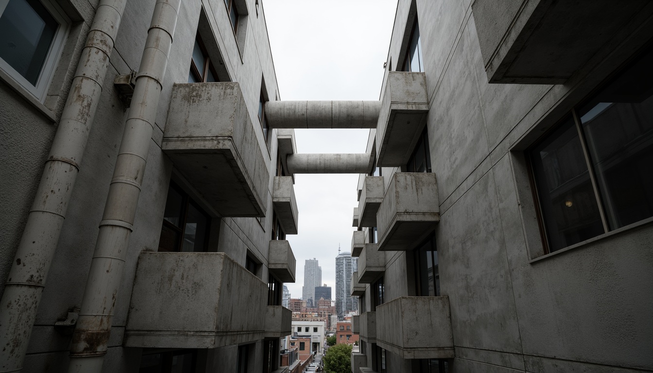 Prompt: Exposed concrete walls, rugged textures, industrial pipes, raw steel beams, minimalist balconies, brutalist architecture, urban cityscape, gloomy overcast sky, dramatic shadows, high-contrast lighting, bold geometric forms, functional simplicity, distressed finishes, poured-in-place concrete, cold monochromatic color palette, 1/1 composition, low-angle shot, cinematic atmosphere, gritty realistic textures.