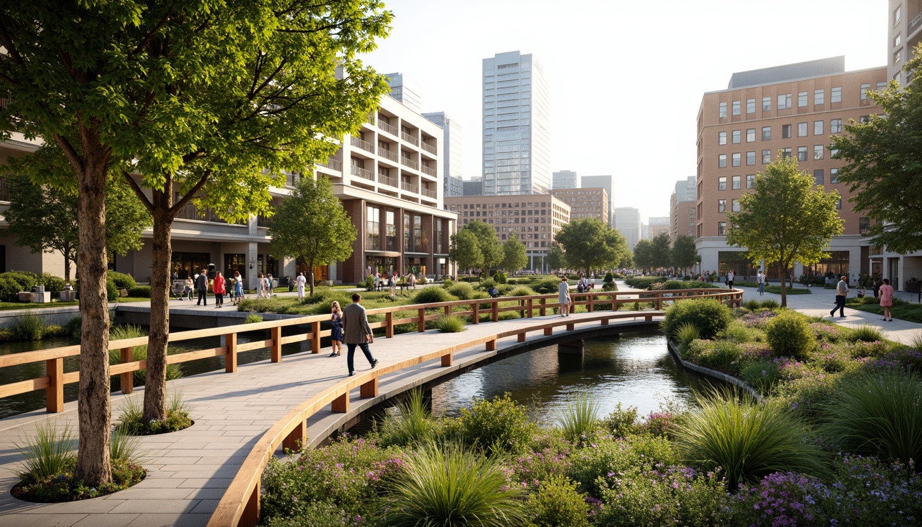 Prompt: Curved pedestrian bridge, lush greenery, vibrant flowers, natural stone walkways, wooden railings, modern architecture, sleek metal structures, glass floors, scenic city views, bustling urban atmosphere, soft warm lighting, shallow depth of field, 3/4 composition, panoramic view, realistic textures, ambient occlusion, integrated landscape design, native plant species, water features, public art installations, seating areas, accessible ramps, safety handrails.