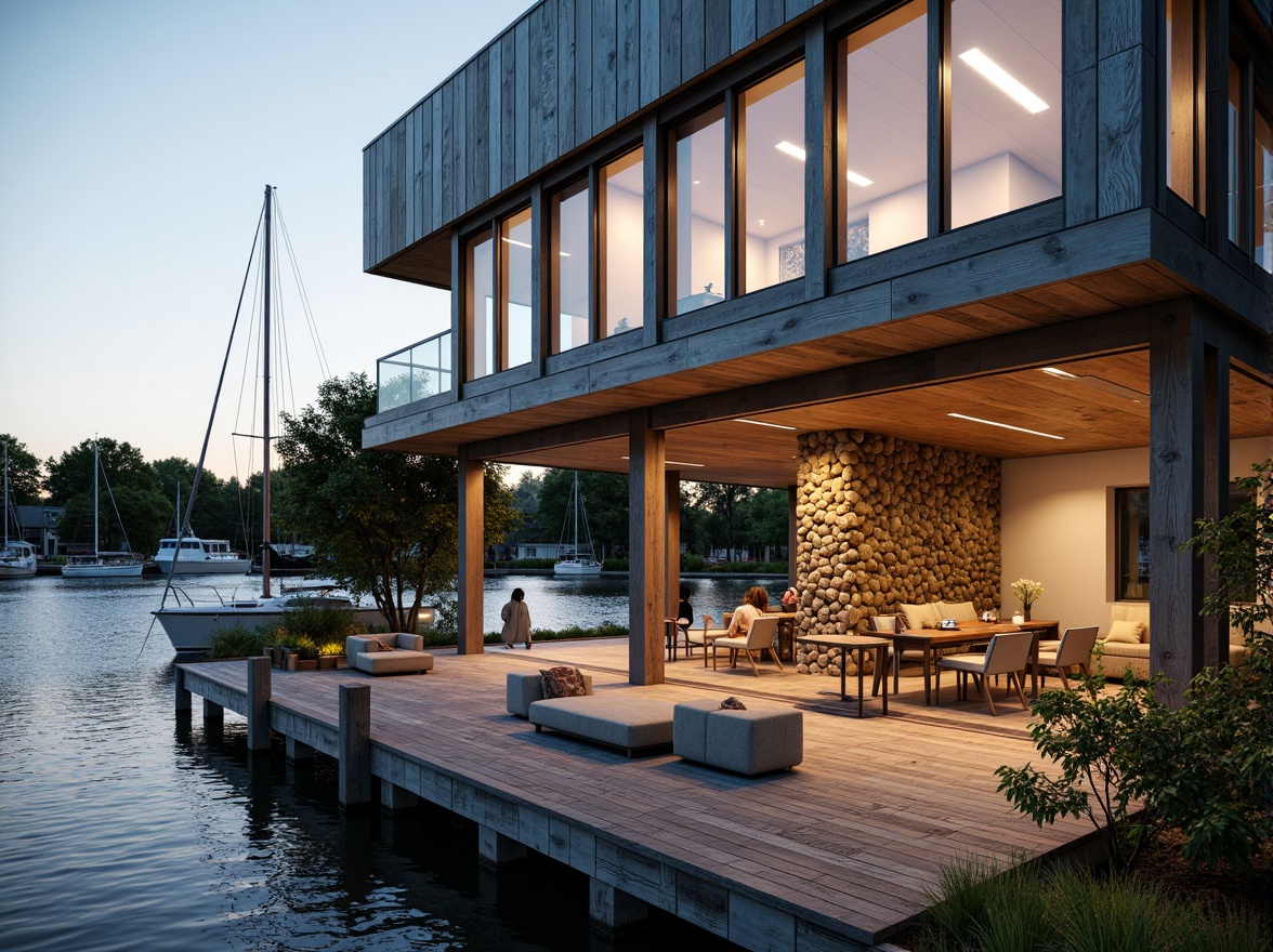 Prompt: Waterfront location, wooden dock, sailboats, nautical ropes, rustic boathouse, modern fenestration, large windows, sliding glass doors, minimalist frames, reflective metal surfaces, industrial chic design, reclaimed wood accents, natural stone walls, cozy interior lighting, warm color palette, shallow depth of field, 1/1 composition, realistic textures, ambient occlusion.