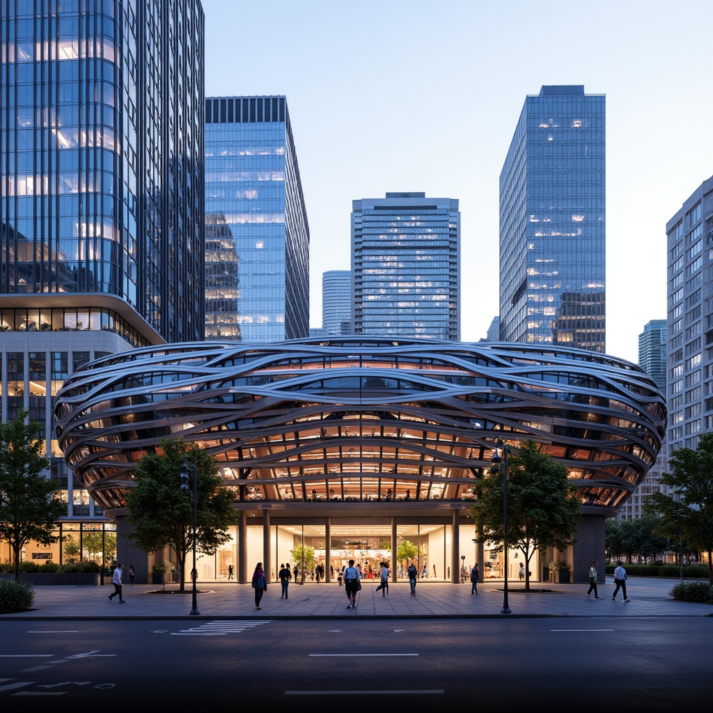 Prompt: Dynamic soccer stadium facade, undulating curves, parametric design, LED light installations, vibrant team colors, sleek metal cladding, transparent glass walls, cantilevered roofs, grand entrance archways, urban cityscape backdrop, bustling streets, modern skyscrapers, sunny afternoon, dramatic shadowing, high-contrast lighting, 1/2 composition, symmetrical framing, realistic reflections, ambient occlusion.