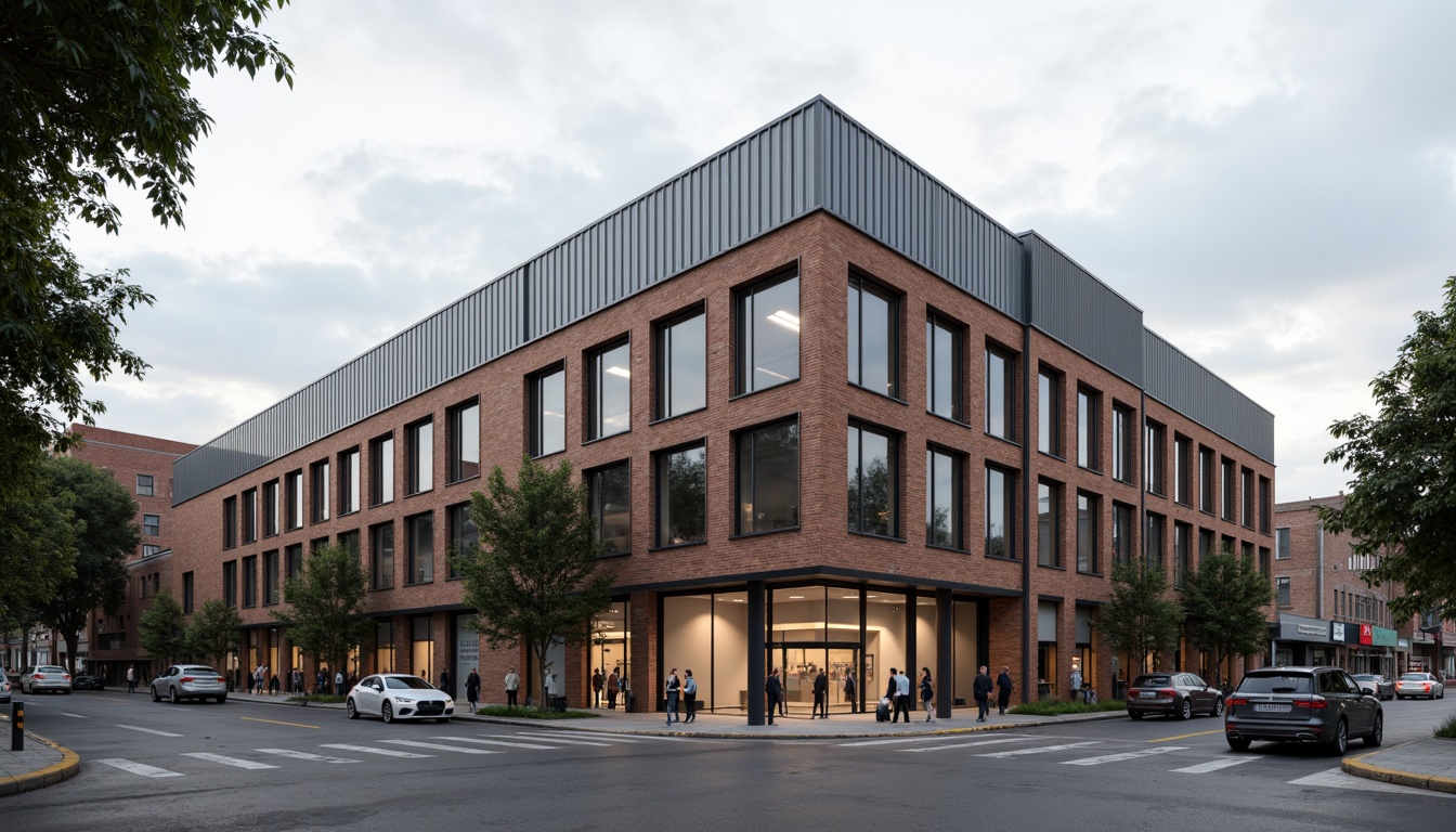 Prompt: Industrial factory building, exposed brick facade, steel frame structure, large windows, metal cladding, corrugated roofs, functional minimalism, brutalist architecture, urban landscape, busy streets, modern cityscape, cloudy sky, soft diffused lighting, shallow depth of field, 2/3 composition, realistic textures, ambient occlusion.