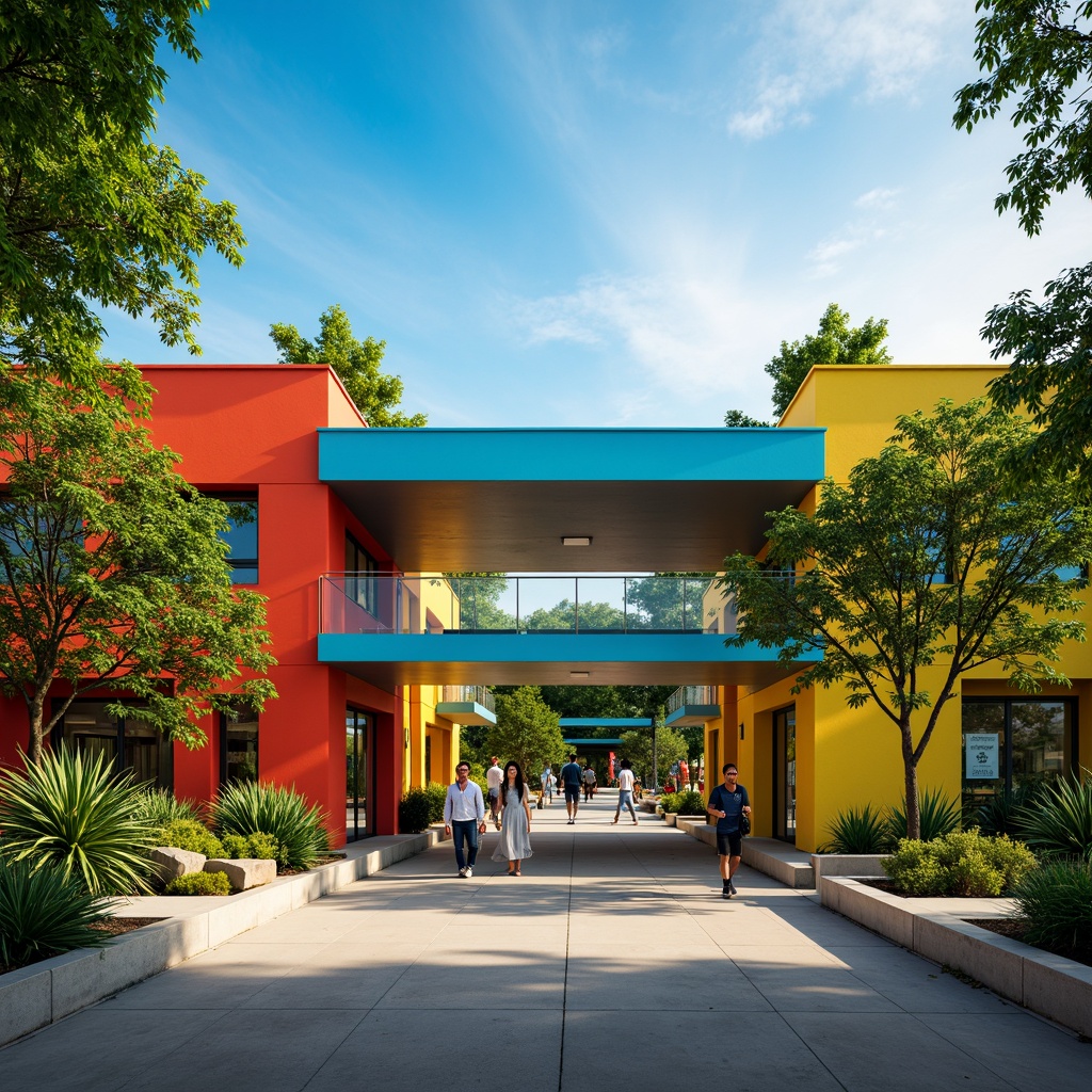 Prompt: Vibrant zoo entrance, streamline moderne architecture, bold primary colors, bright yellow accents, deep blue tones, natural wood textures, sleek metal railings, minimalist signage, lush greenery, tropical plants, sunny day, soft warm lighting, shallow depth of field, 3/4 composition, panoramic view, realistic animal textures, ambient occlusion.Please let me know if this meets your requirements!